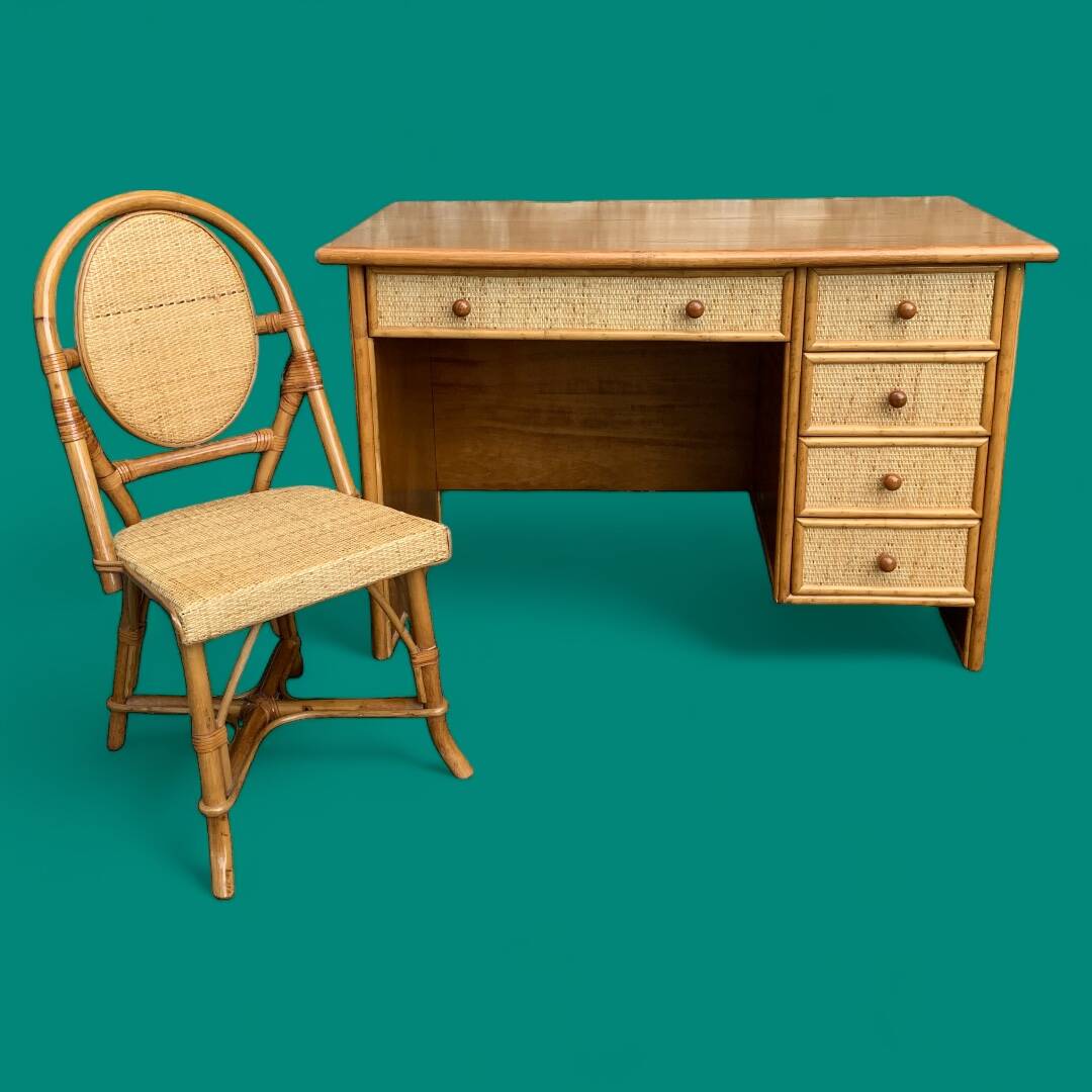 Vintage rattan and woven wicker desk 1970