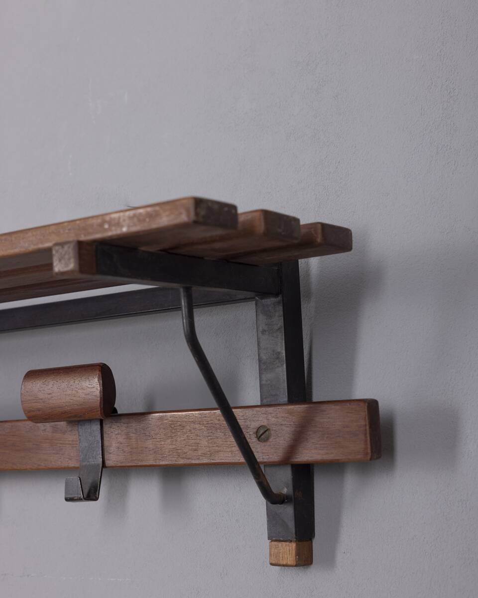 Vintage 1960s wall coat rack in metal and wood, italian design