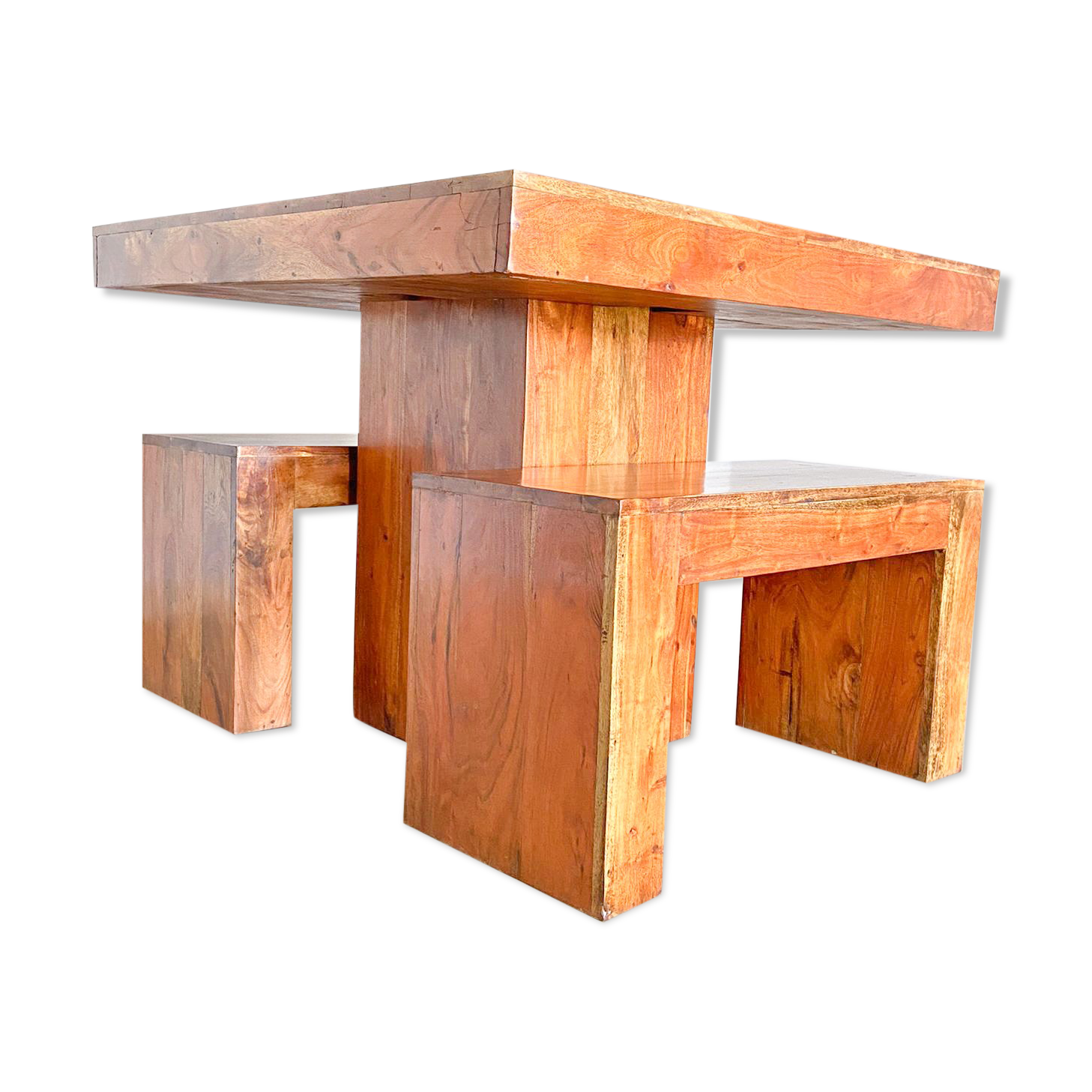 Set dining table plus 2 benches in solid teak wood, Italy 1970s