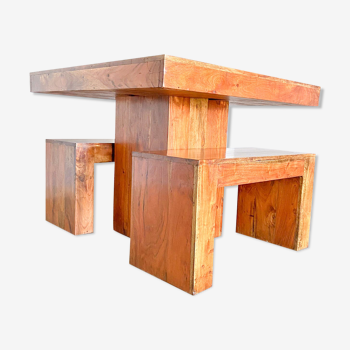 Set dining table plus 2 benches in solid teak wood, Italy 1970s