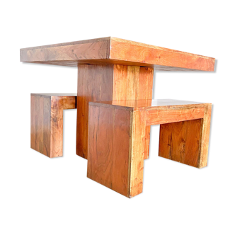 Set table à manger et 2 bancs en bois de teck massif, Italie années 1970