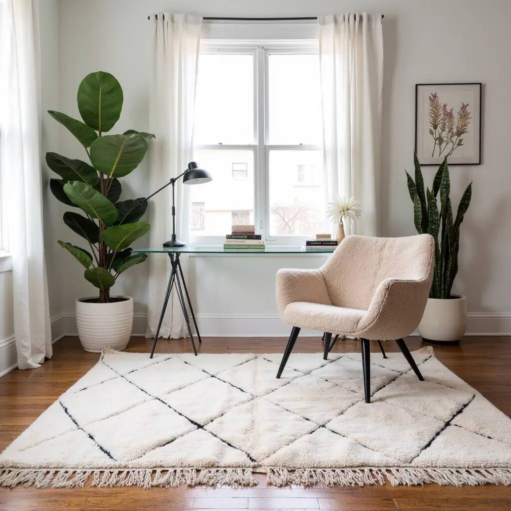 Tapis blanc Beni Ourain en laine 2.5X1.5m motif losange berbère tissé main