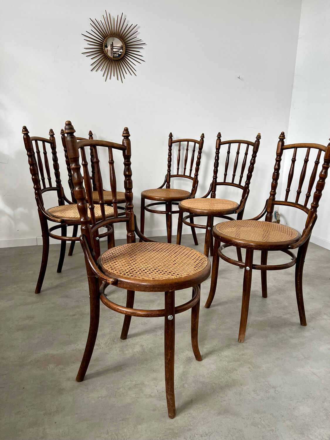 Lot 6 old vintage wooden bistro chairs brand Fischel early 20th century