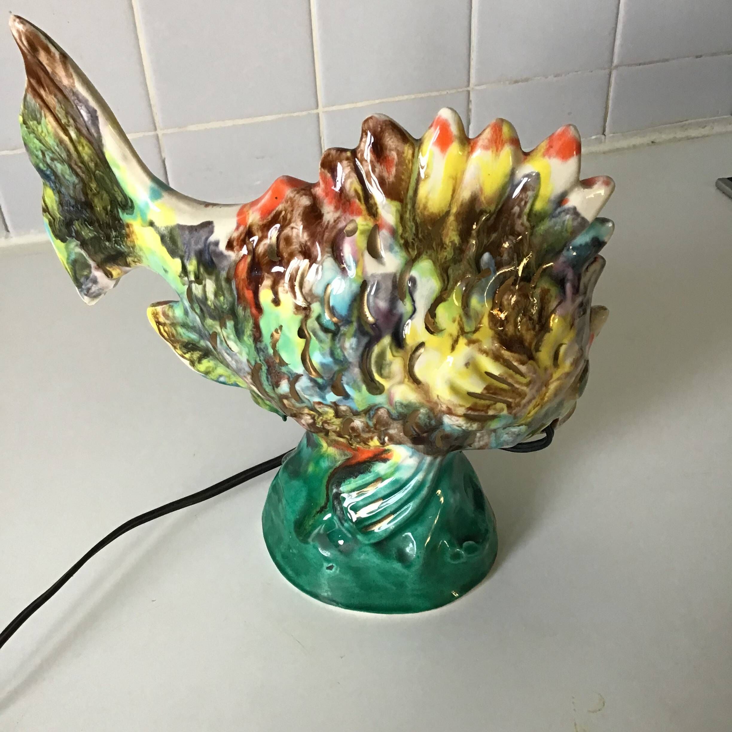 Grande Veilleuse Lampe Poisson En Céramique émaillée De Vallauris - 33 Cm - Occasion Bon état