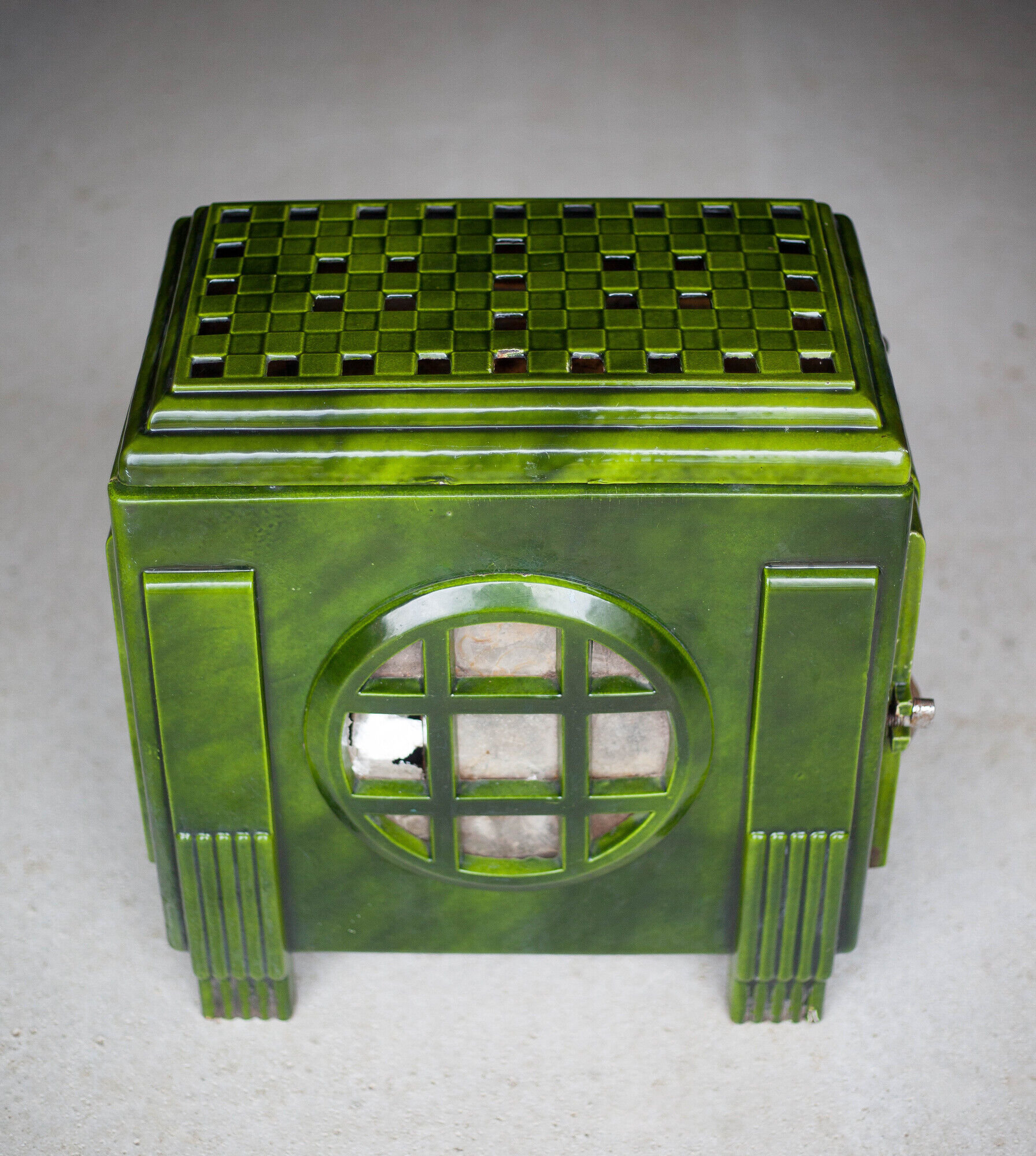 Art deco wood stove, green enamelled wood stove, interior decoration