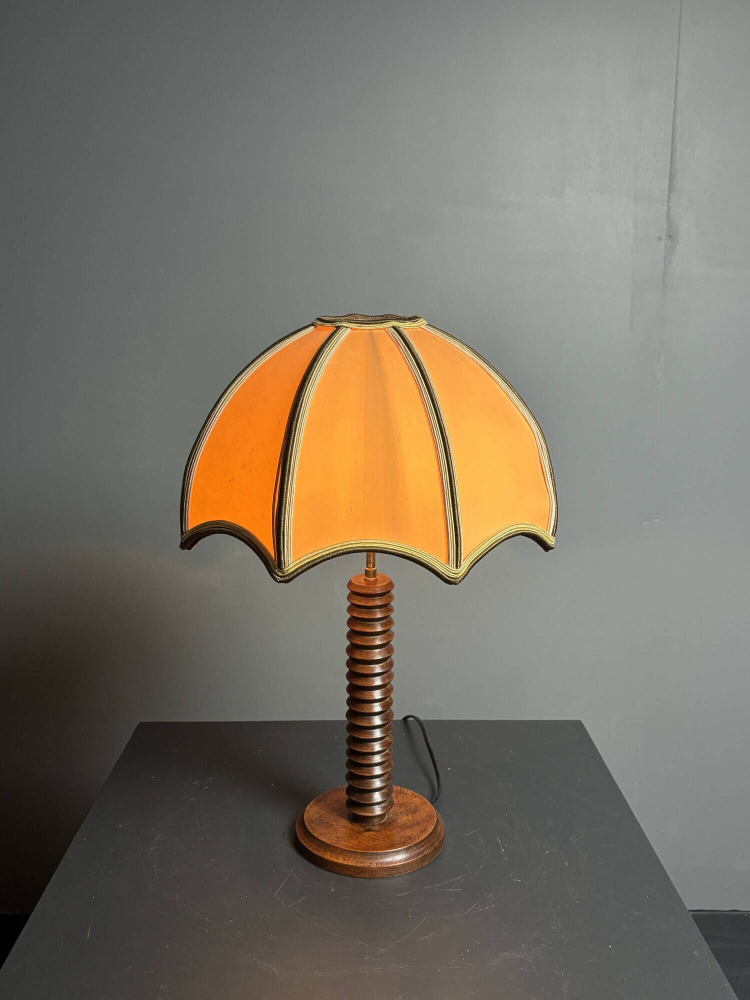 Midcentury brutalist wood turned mushroom table lamp, Charles Dudouyt style