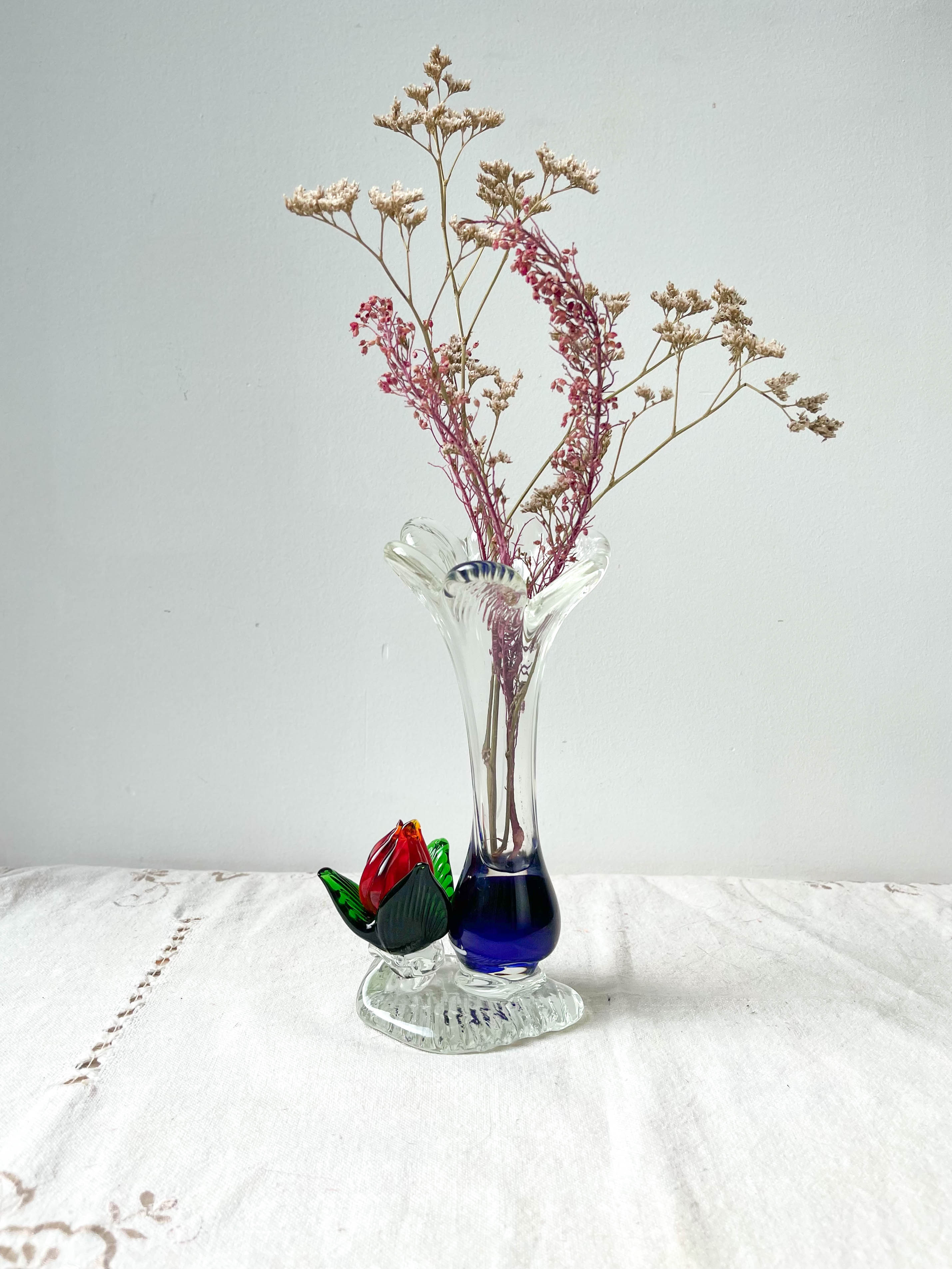 Blue red Murano glass vase with blown flower