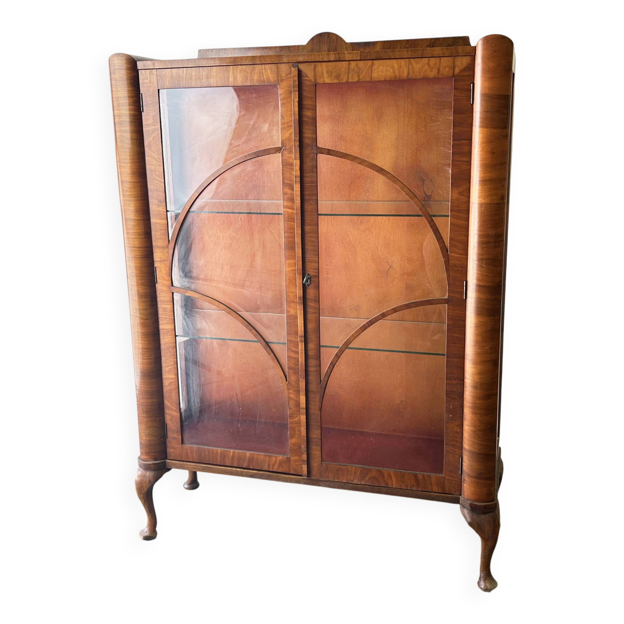 Original Art Deco Figured Walnut Display Cabinet Cabriole Legs 1930s