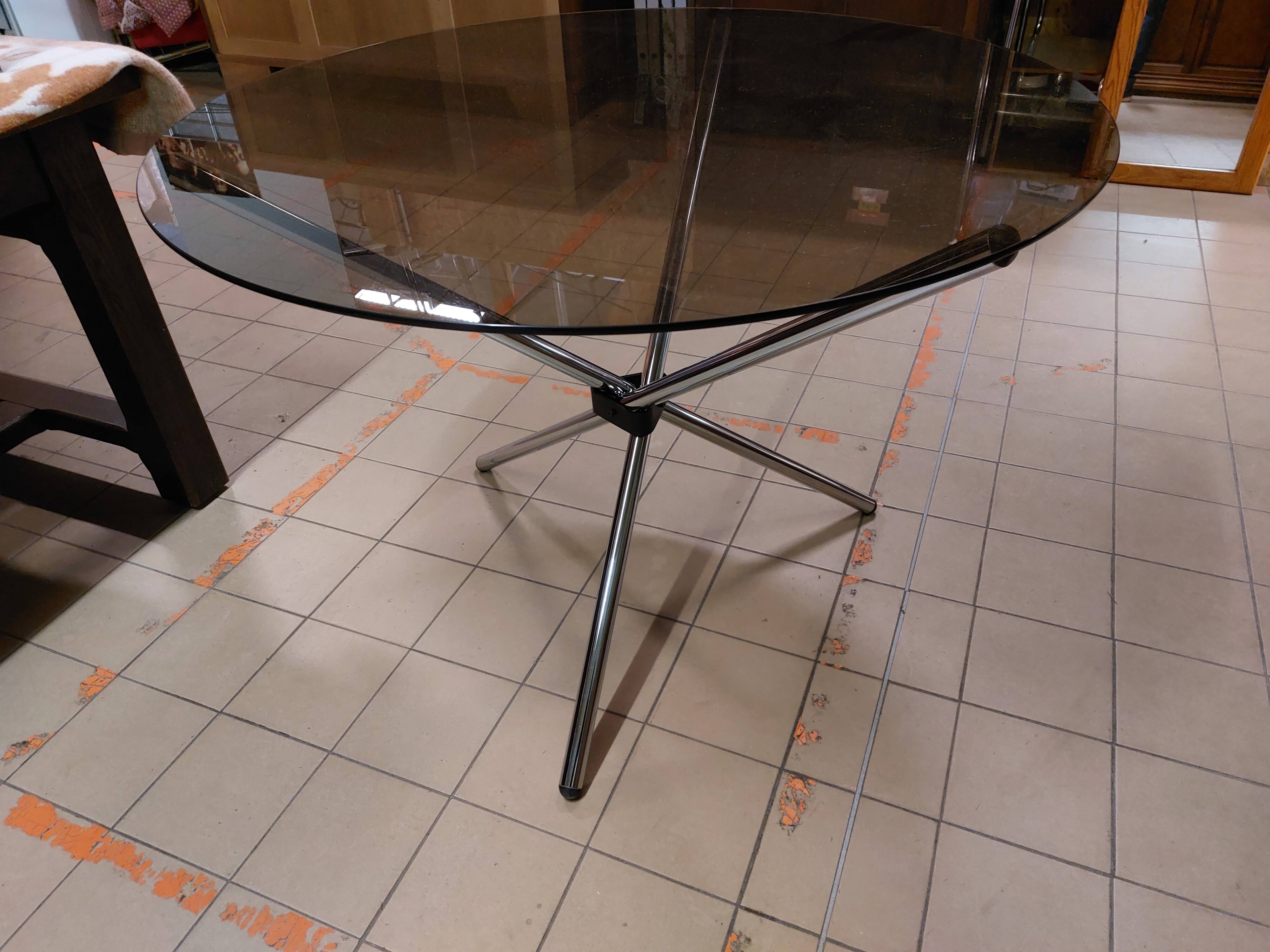 Roche Bobois vintage round table Chrome and smoked glass