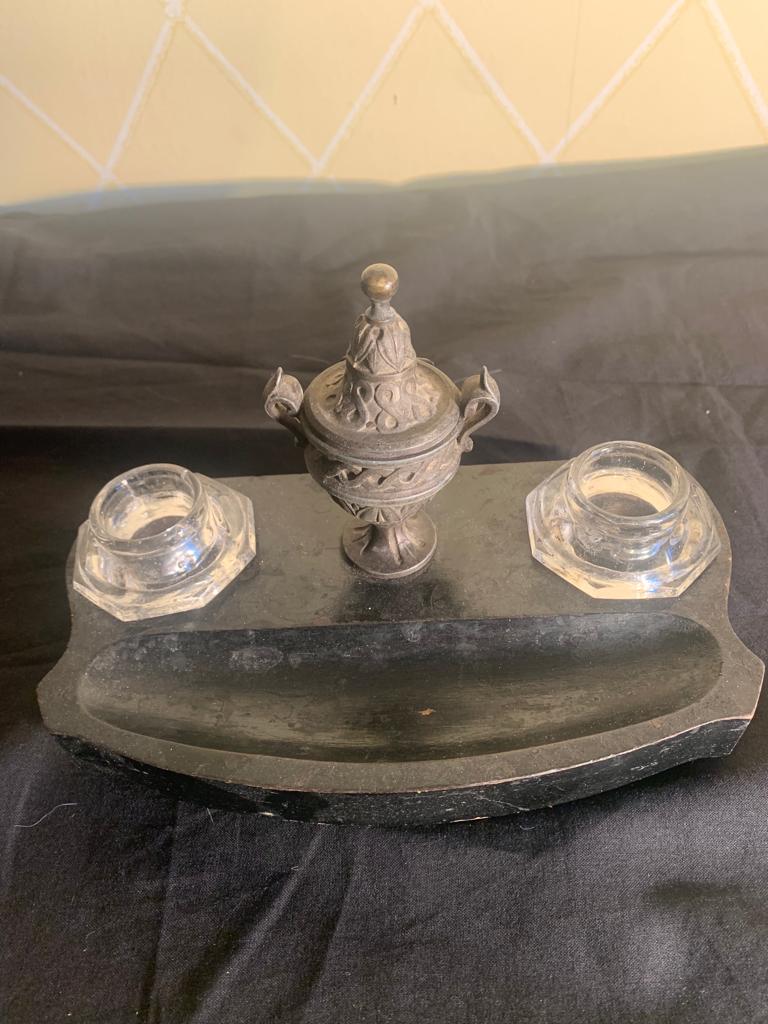 Bronze and wood inkwell