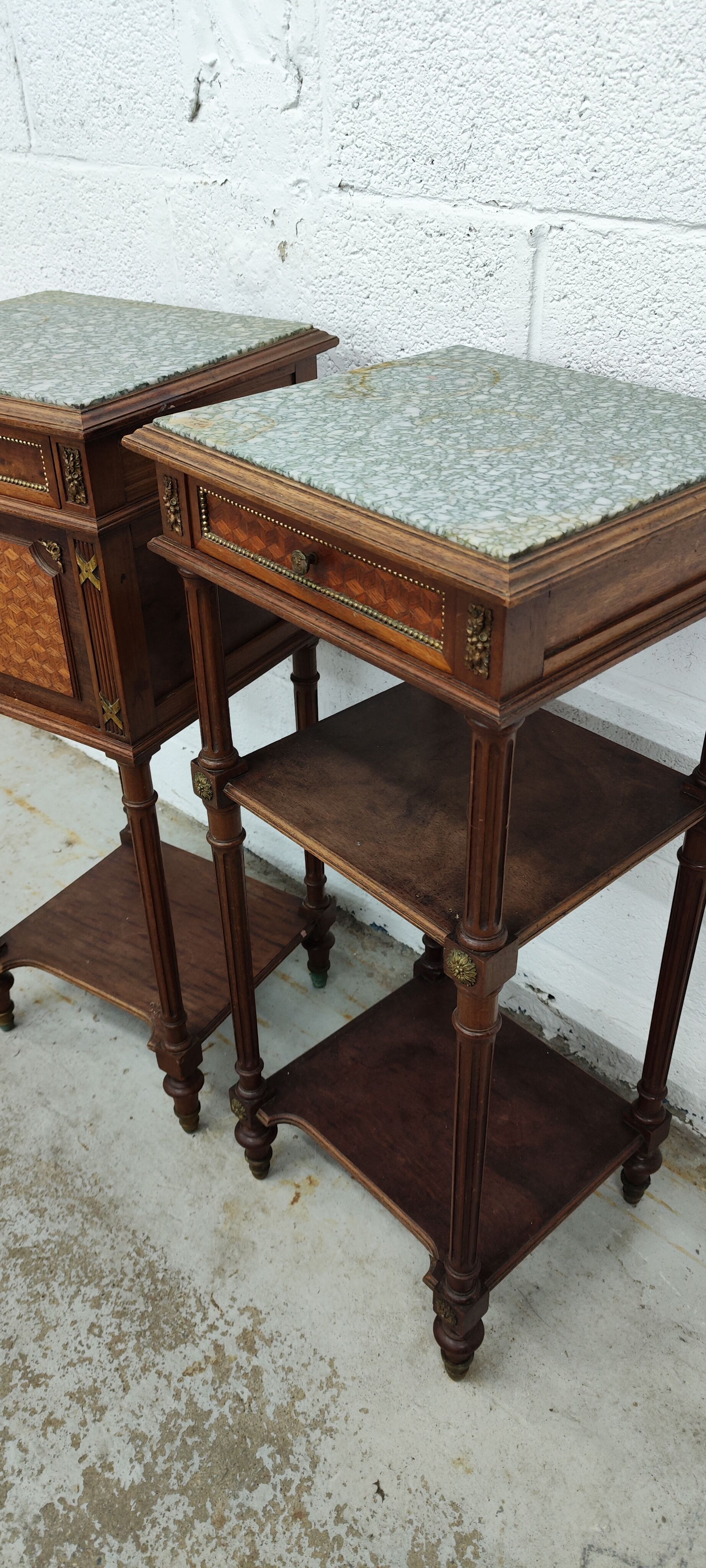 Pair of bedside old marquetry top green marble and bronze decorations