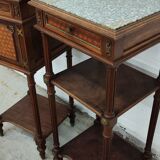 Pair of bedside old marquetry top green marble and bronze decorations