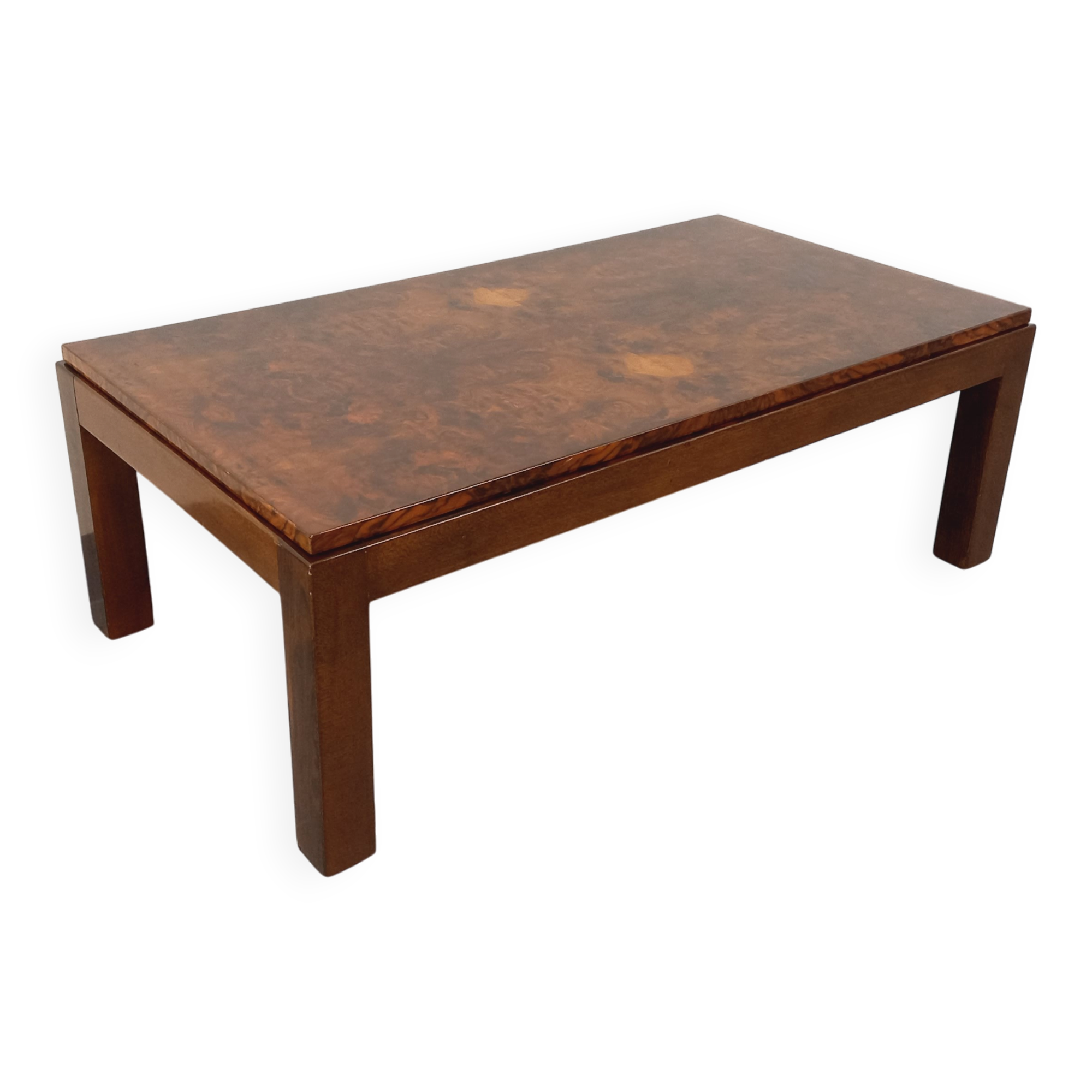 Table basse rectangulaire vintage en orme et loupe d’orme des années 70