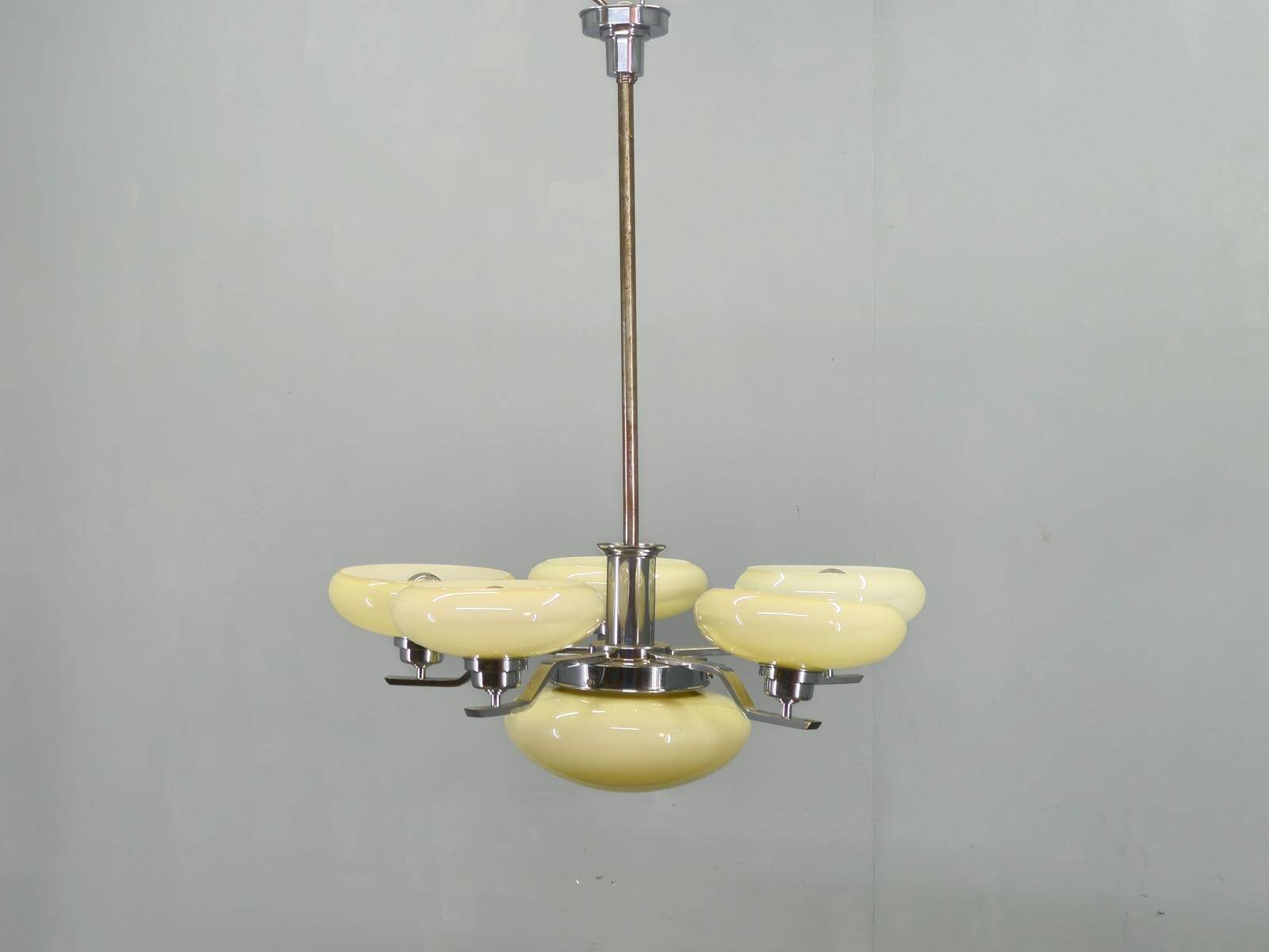 Art Deco Chrome Chandelier with Six Opaline Glass Shades, 1930s