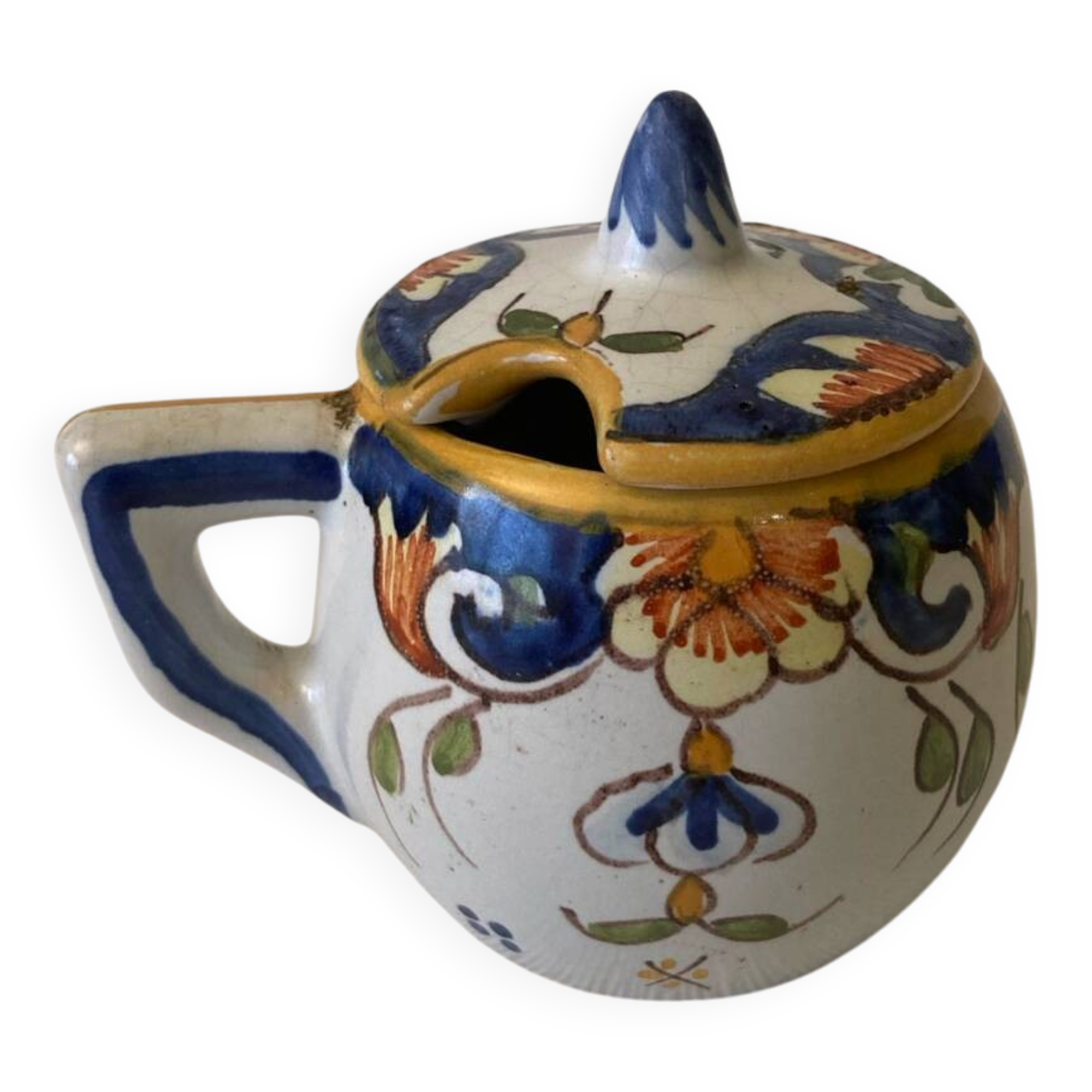 Mustard pot signed Henri Delcourt Hand painted Old Rouen early 20th century