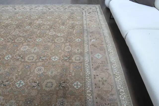 1970s Vintage Persian Handmade Wool Cotton Light Brown Area Rug 290x372