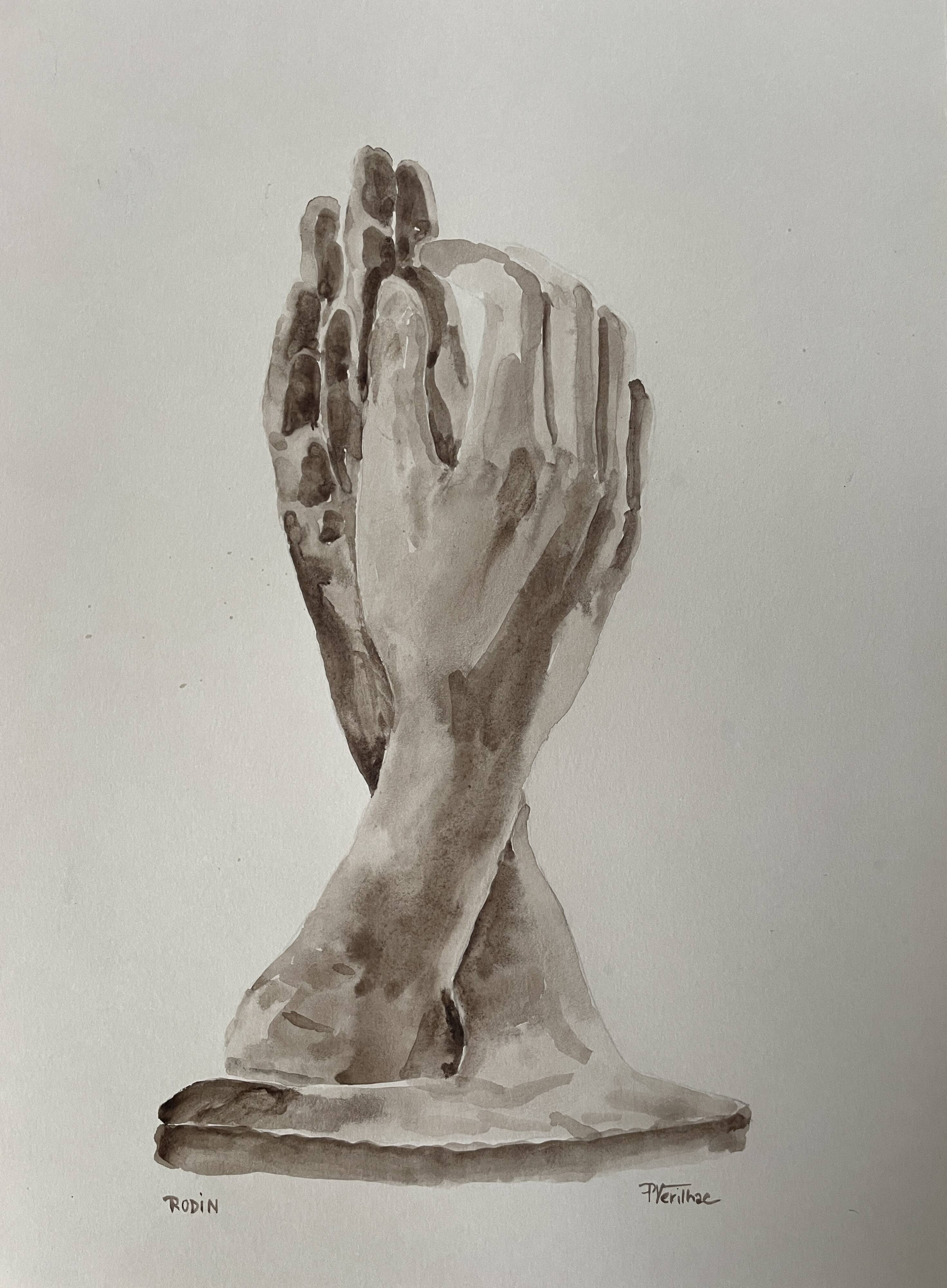 Painting signed watercolor monochrome sepia study statue “Rodin’s Cathedral”