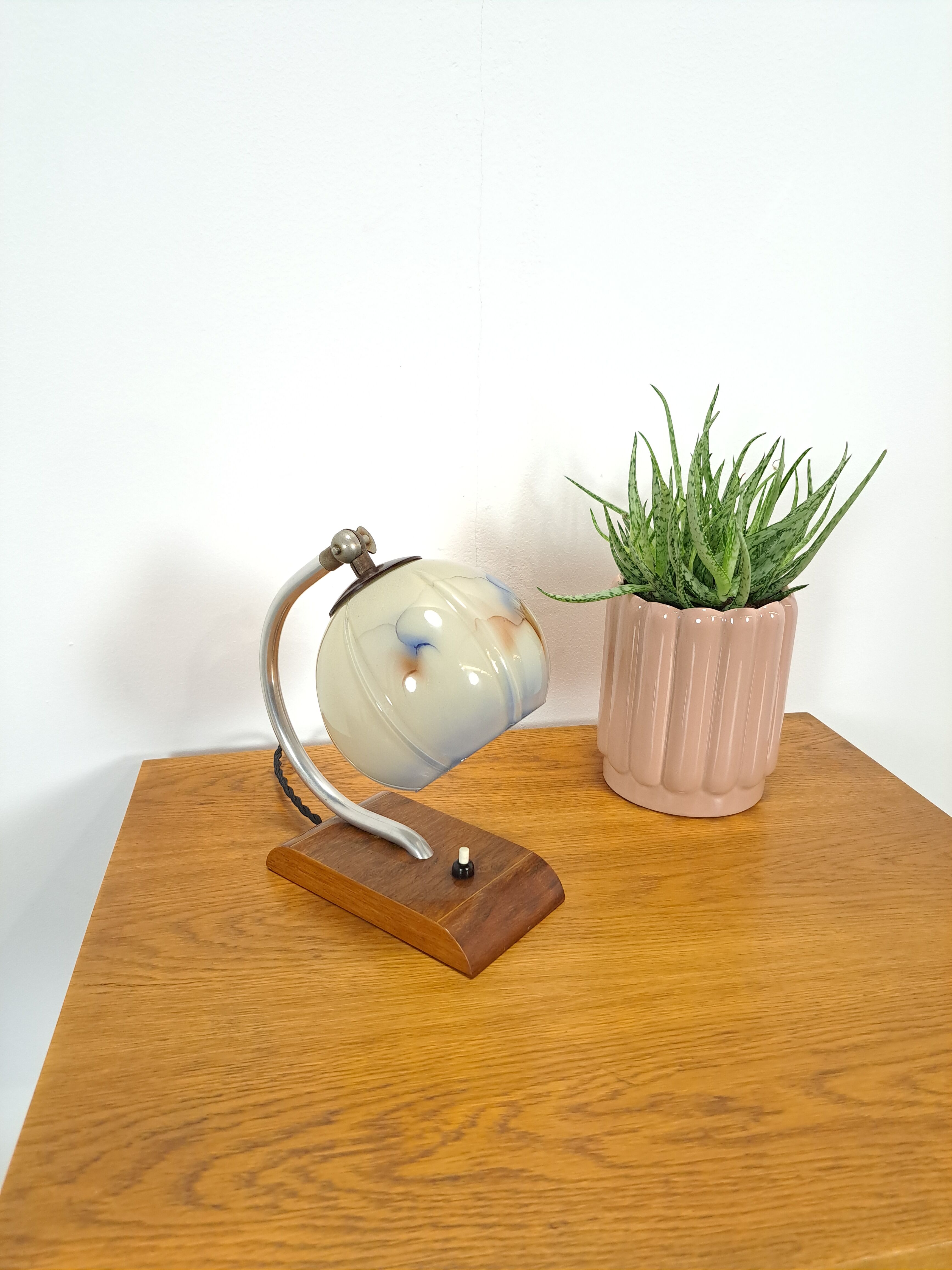 Table lamp with wooden base and glass shade with blue details vintage