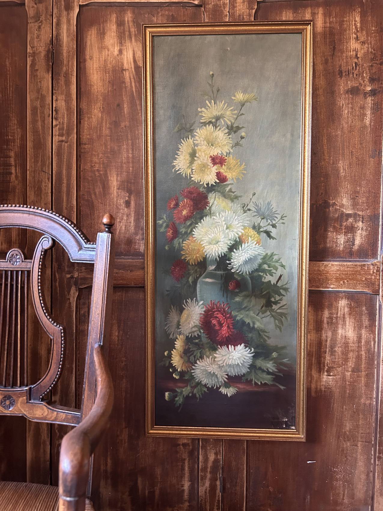 Large antique painting – Oil on canvas signed with chrysanthemums – Period 1900 – Decorative softness