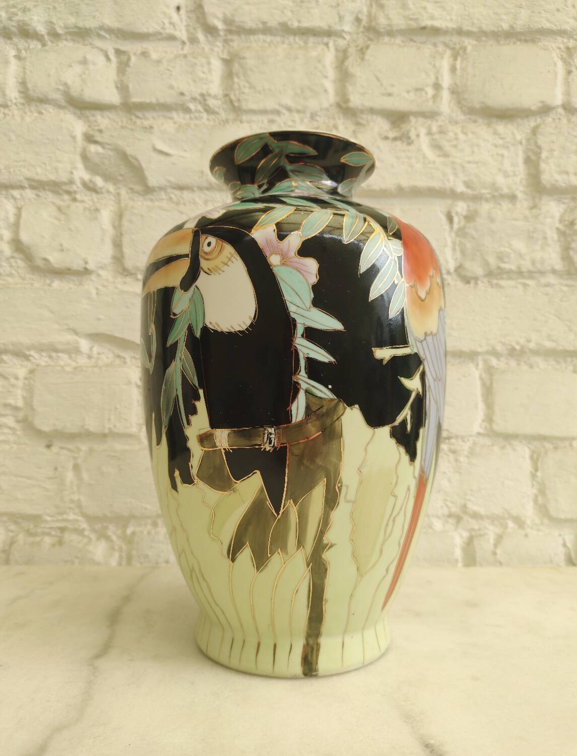 Large Toucan vase "Jungle" in glazed porcelain