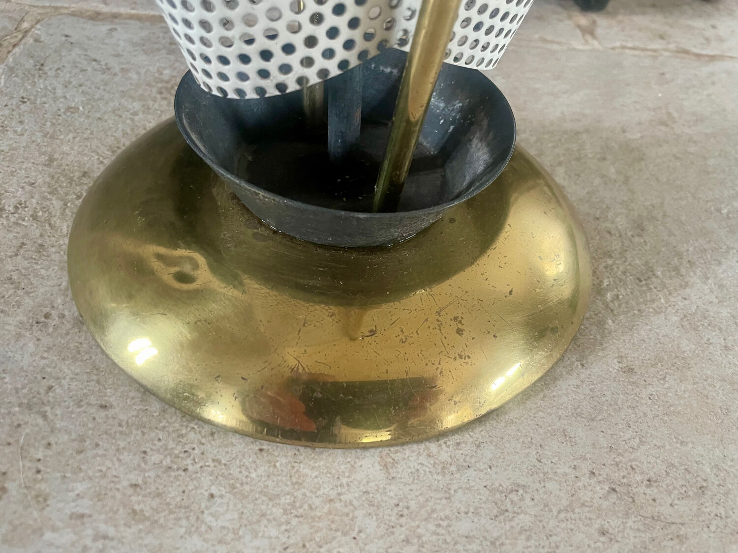 Metal umbrella stand with rigitulle and brass from the 1950s.