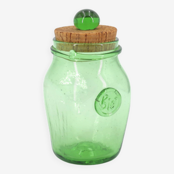 Biot green bubbled glass jar, cork stopper