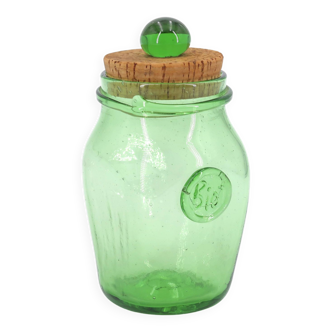 Biot green bubbled glass jar, cork stopper