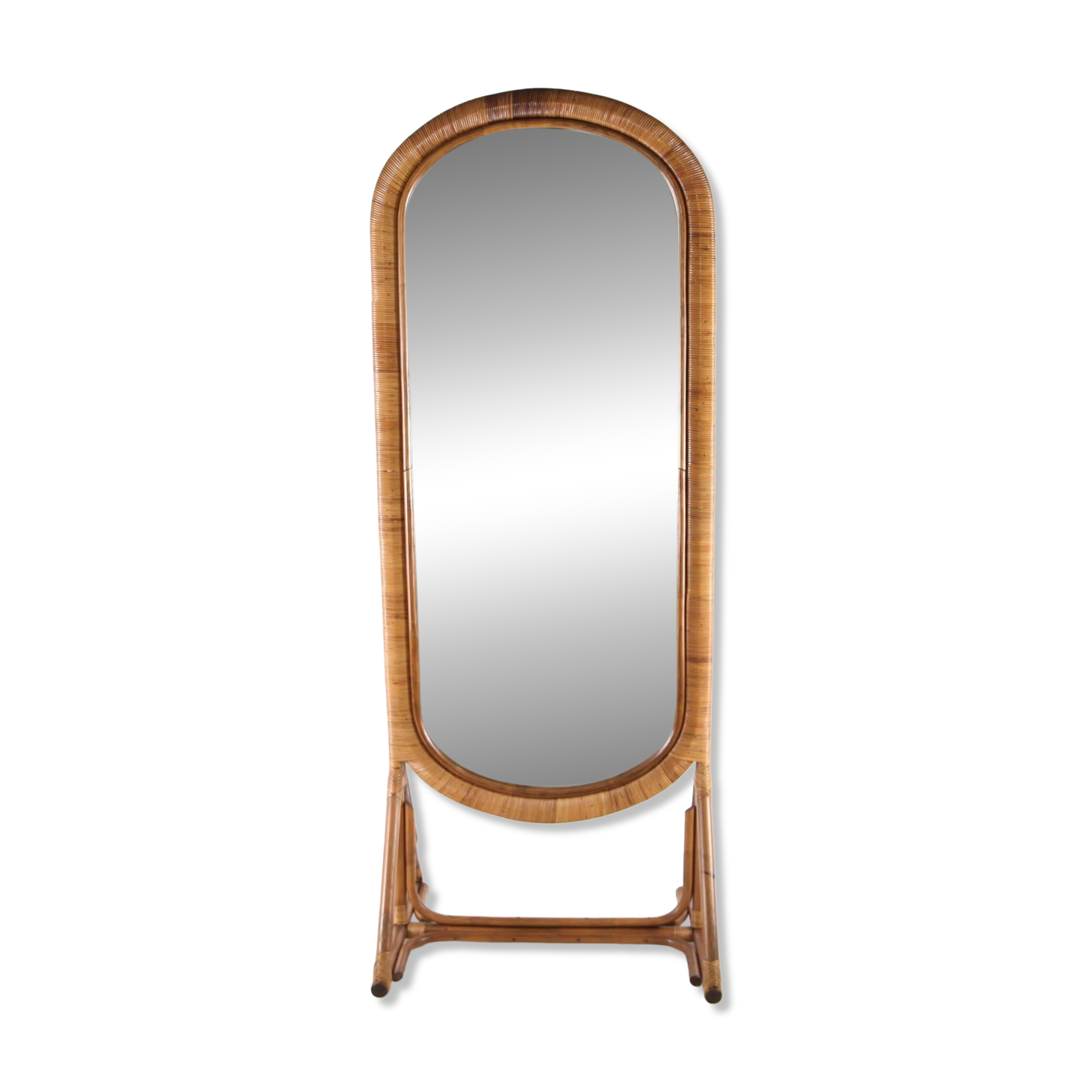 Grand miroir sur pied en rotin
