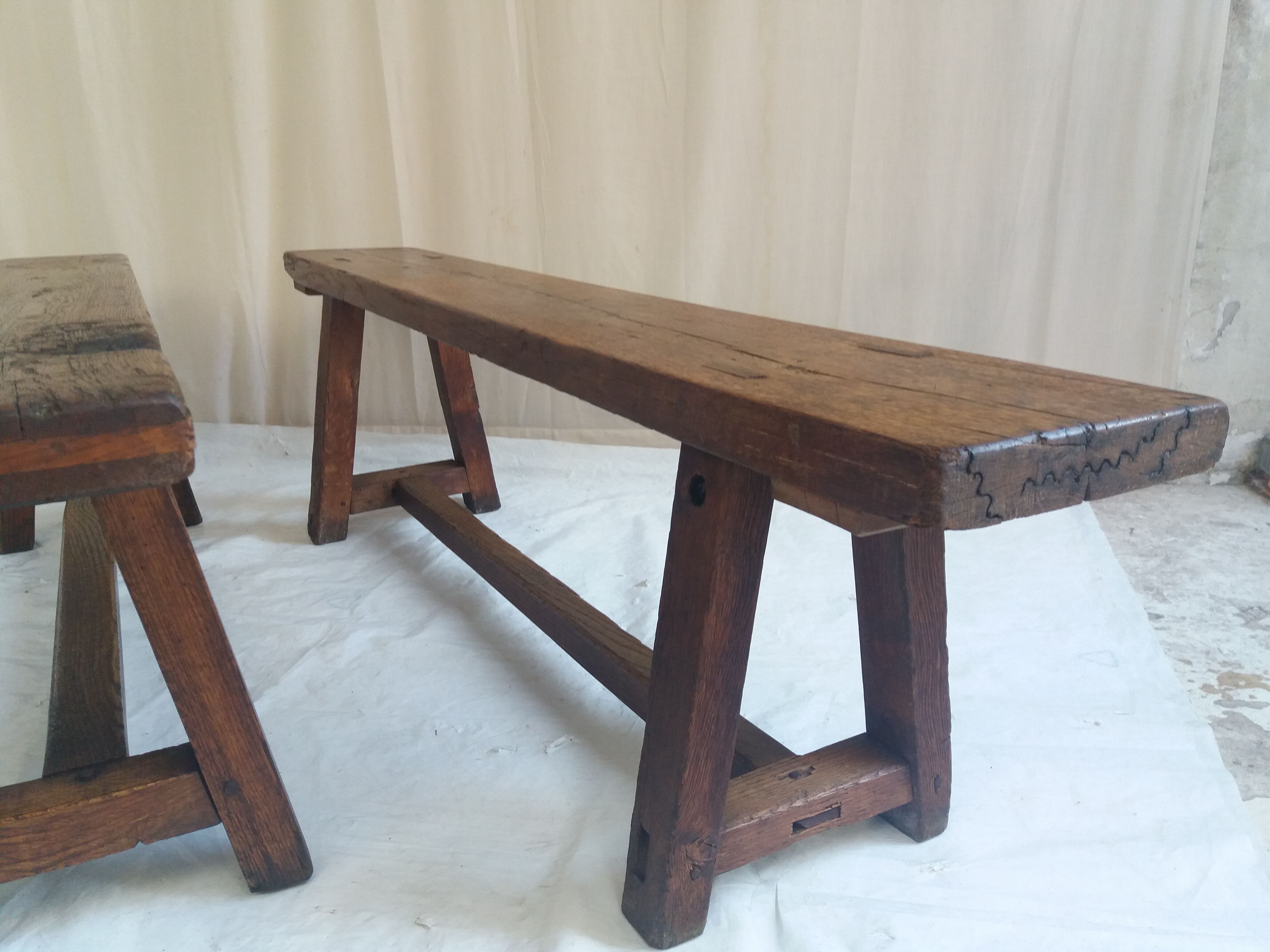 Pair of old benches in chene