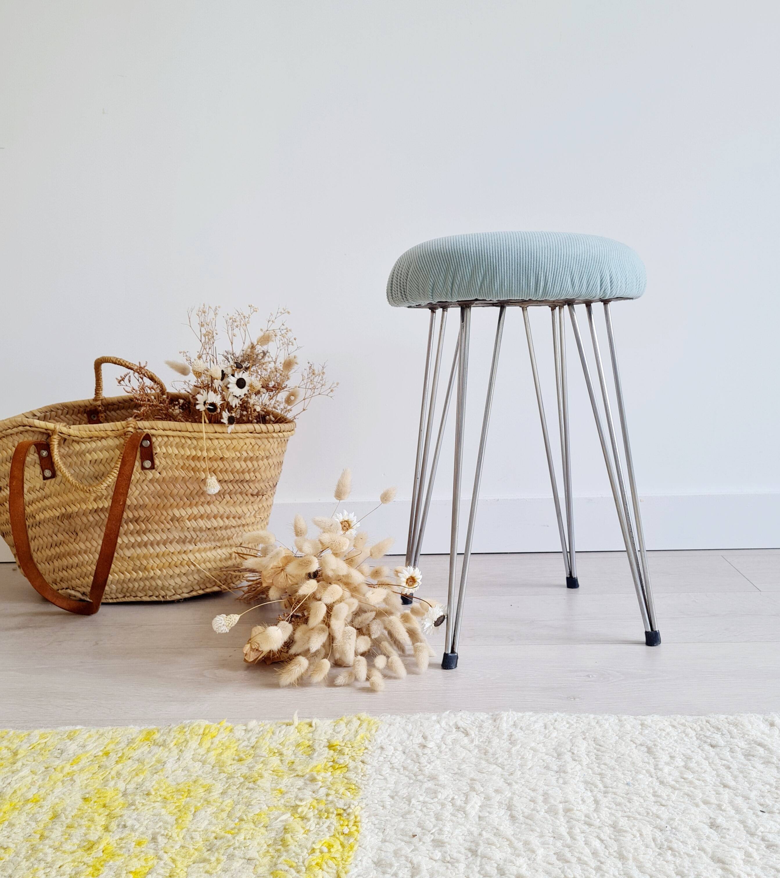 Antique metal and blue velvet stool, 1960s