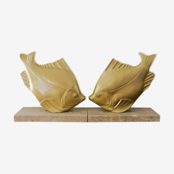 Art Deco Bookends Signed M. Font, Fish on marble base, Gold