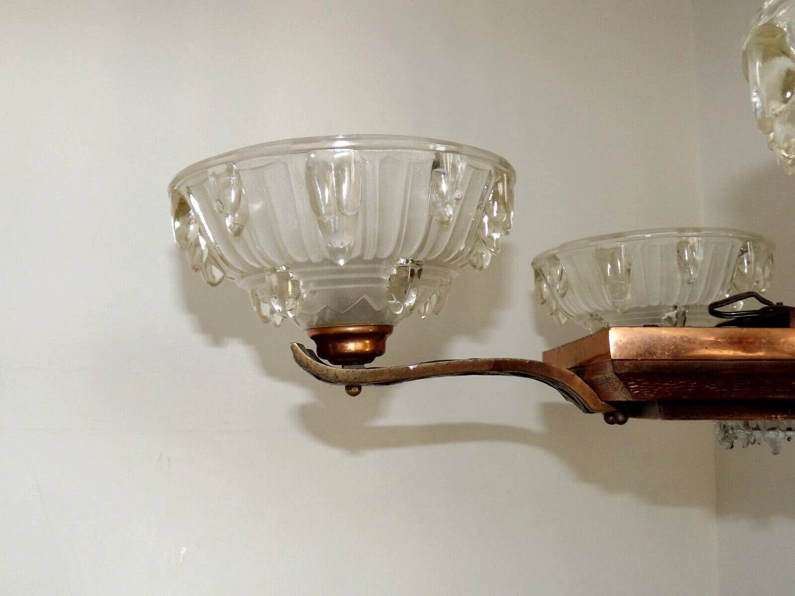 French Art Deco 6-Arm, 10-Light Chandelier Petitot Ezan Style, Copper Tone