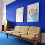 Scandinavian sofa in wood and vintage fabric from the 60s