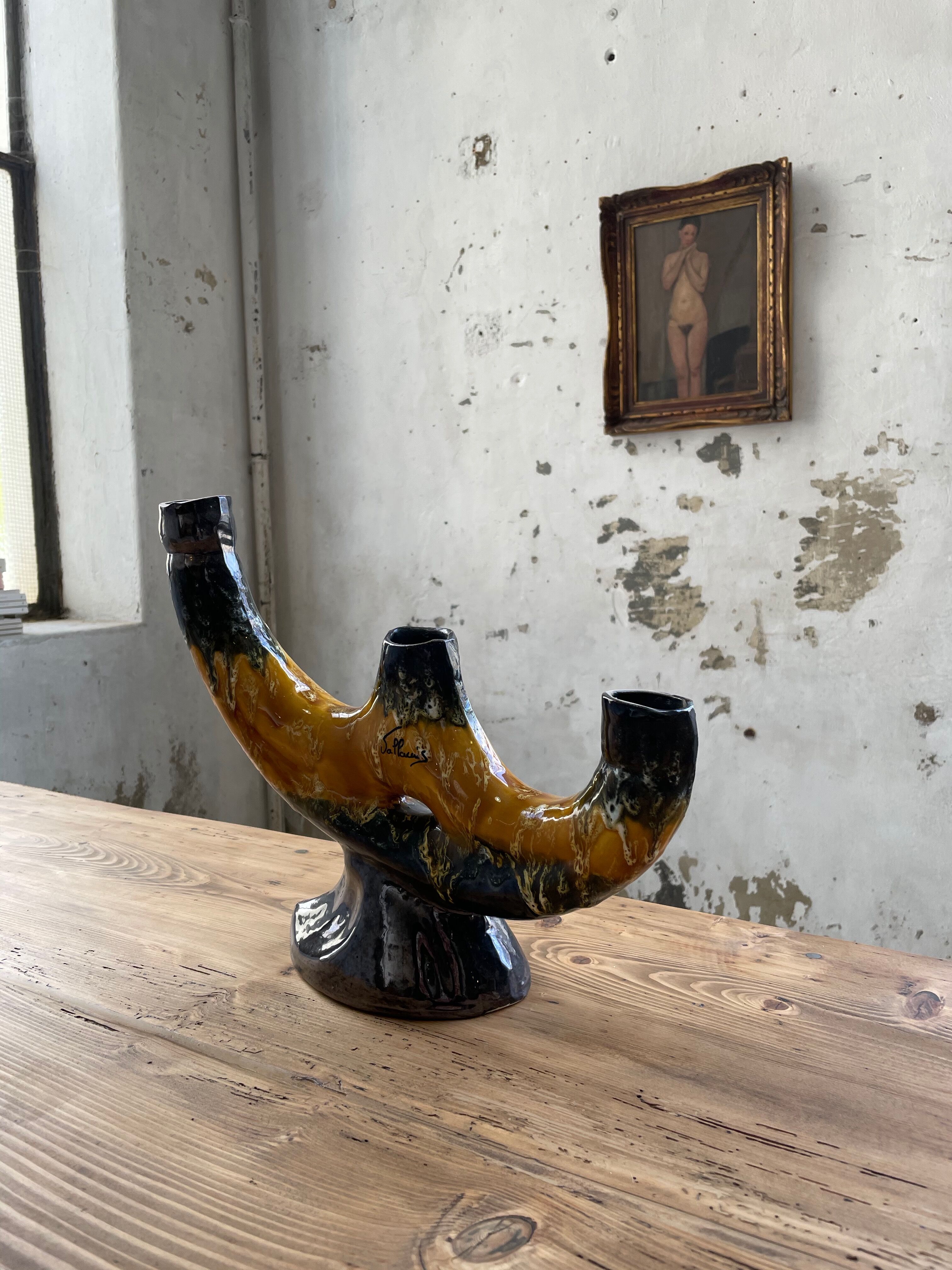 Vallauris black yellow ceramic candlestick