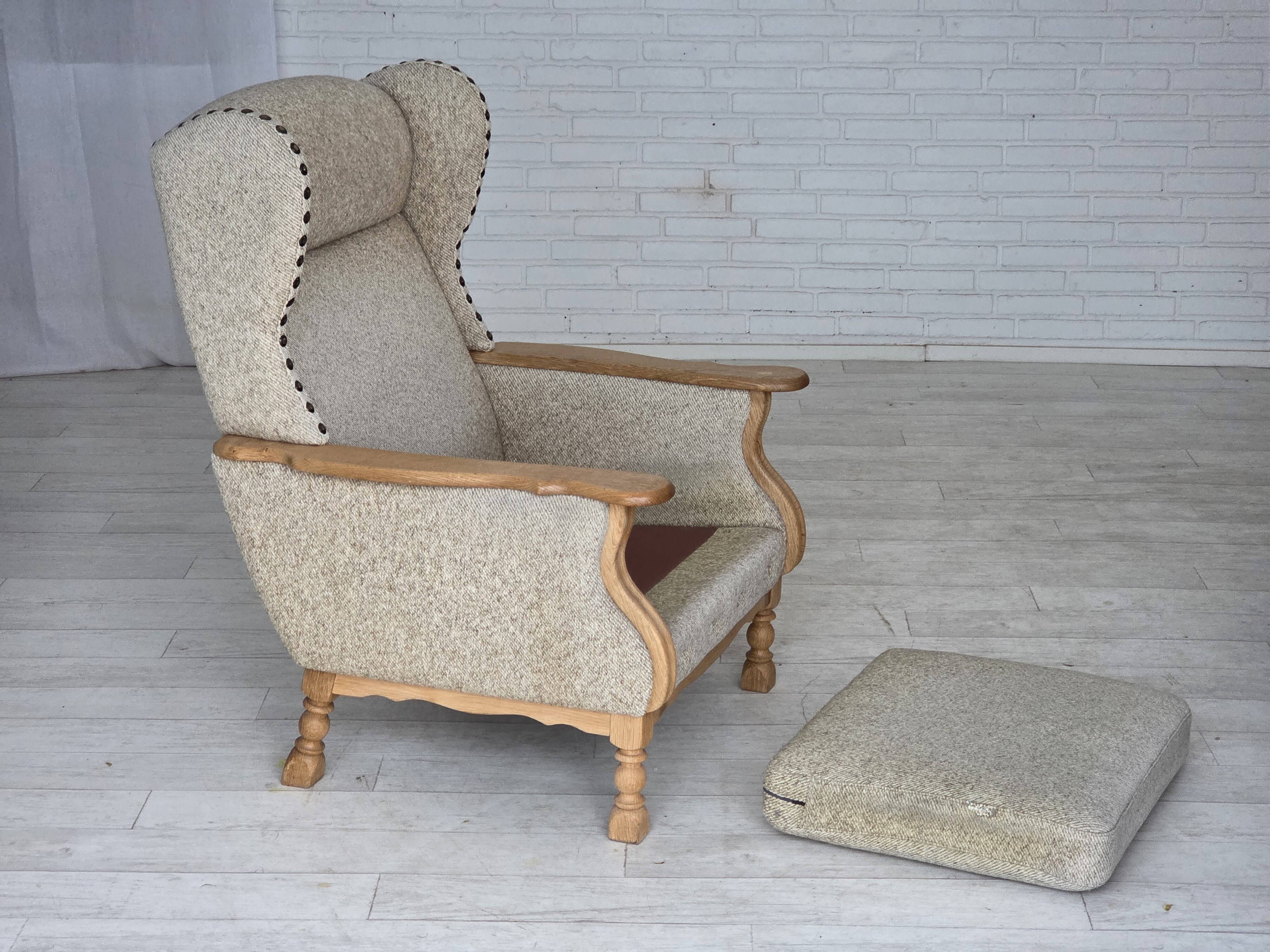 1970s, Danish highback armchair, furniture wool, solid oak wood.
