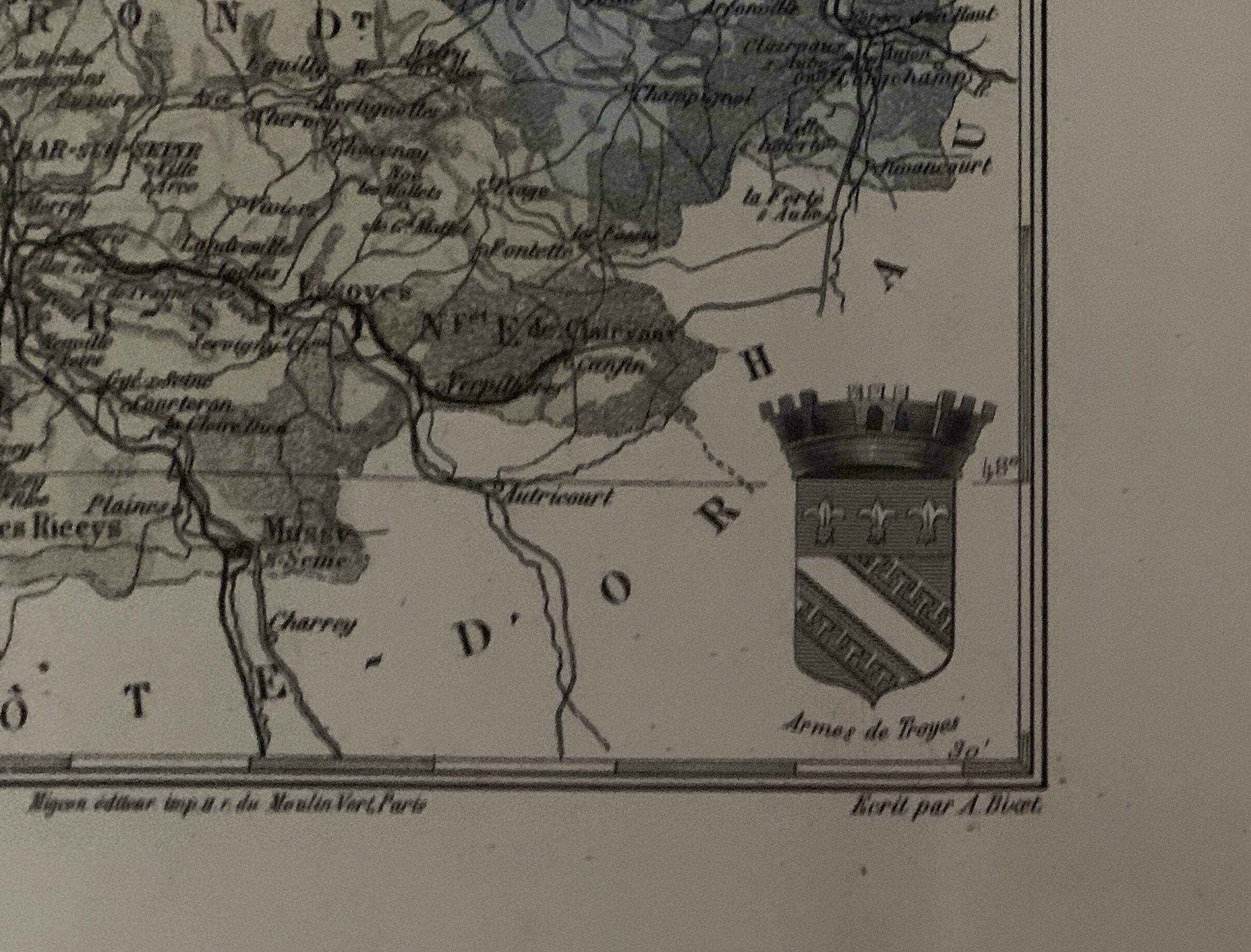 Old map of the department of Aube – Troyes – around 1850