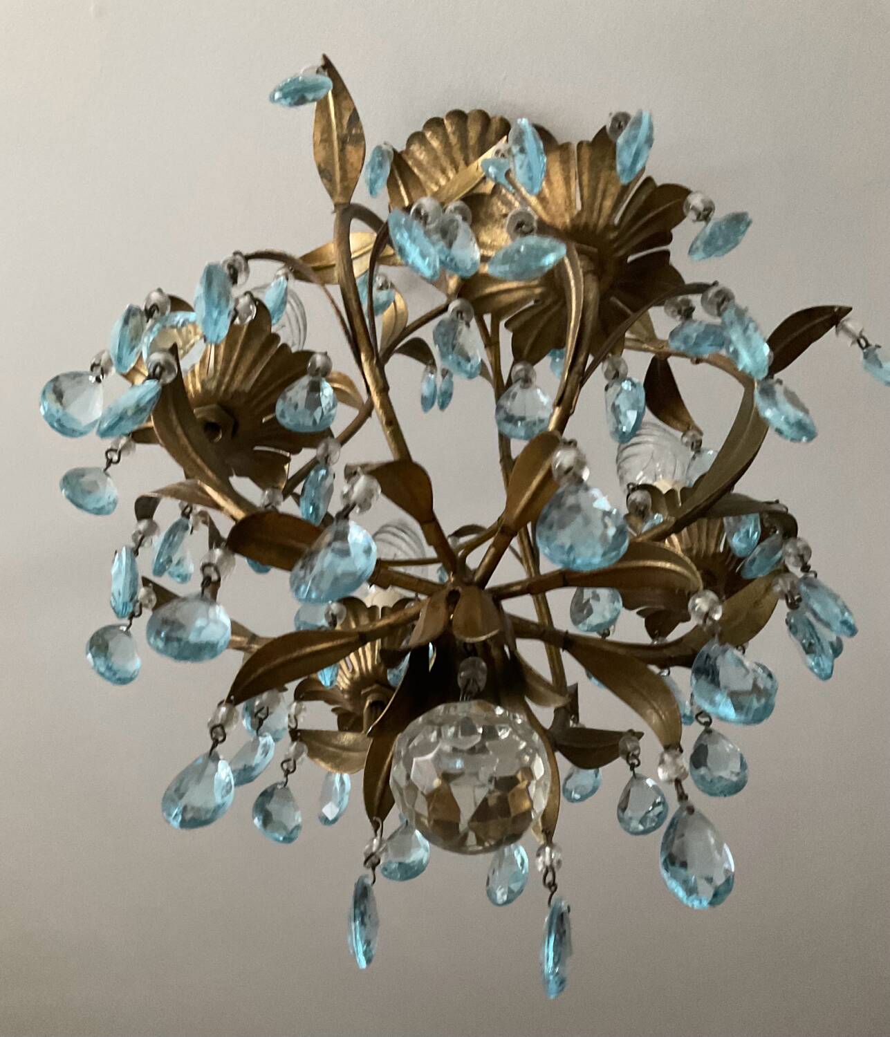 Antique Italian chandelier with cage and blue tassels