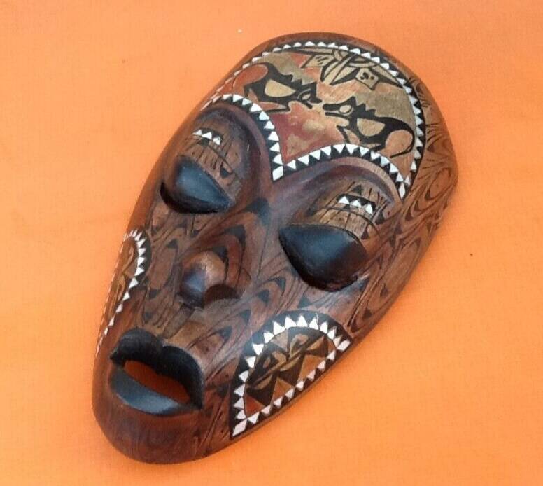 African / Tribal hanging mask Carved wood inlaid with mother-of-pearl