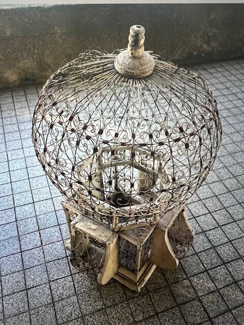 Vintage decorative hot air balloon aviary in wrought iron and wood – France, 1970s