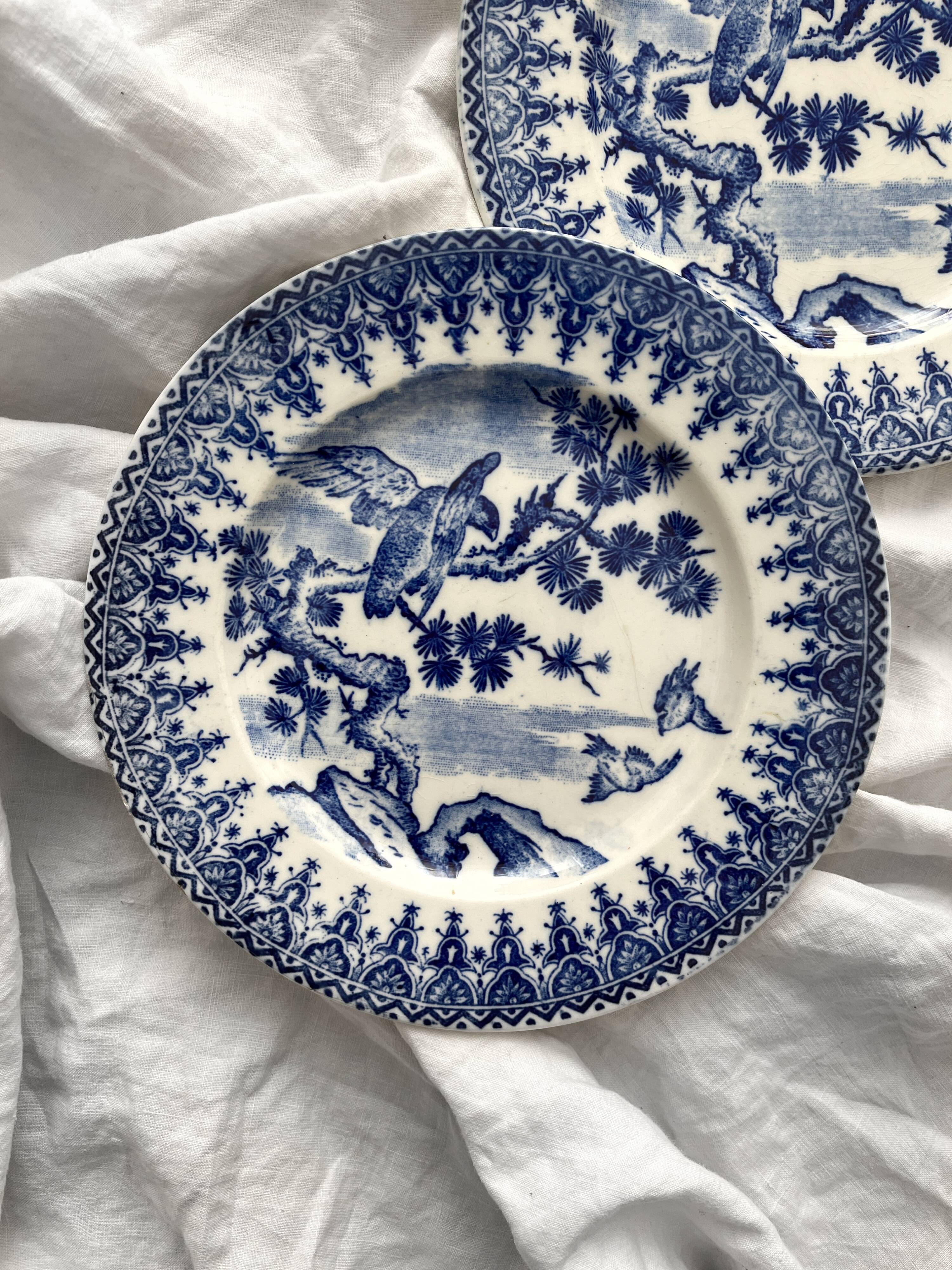 2 ironstone dessert plates with a Japanese-inspired blue design