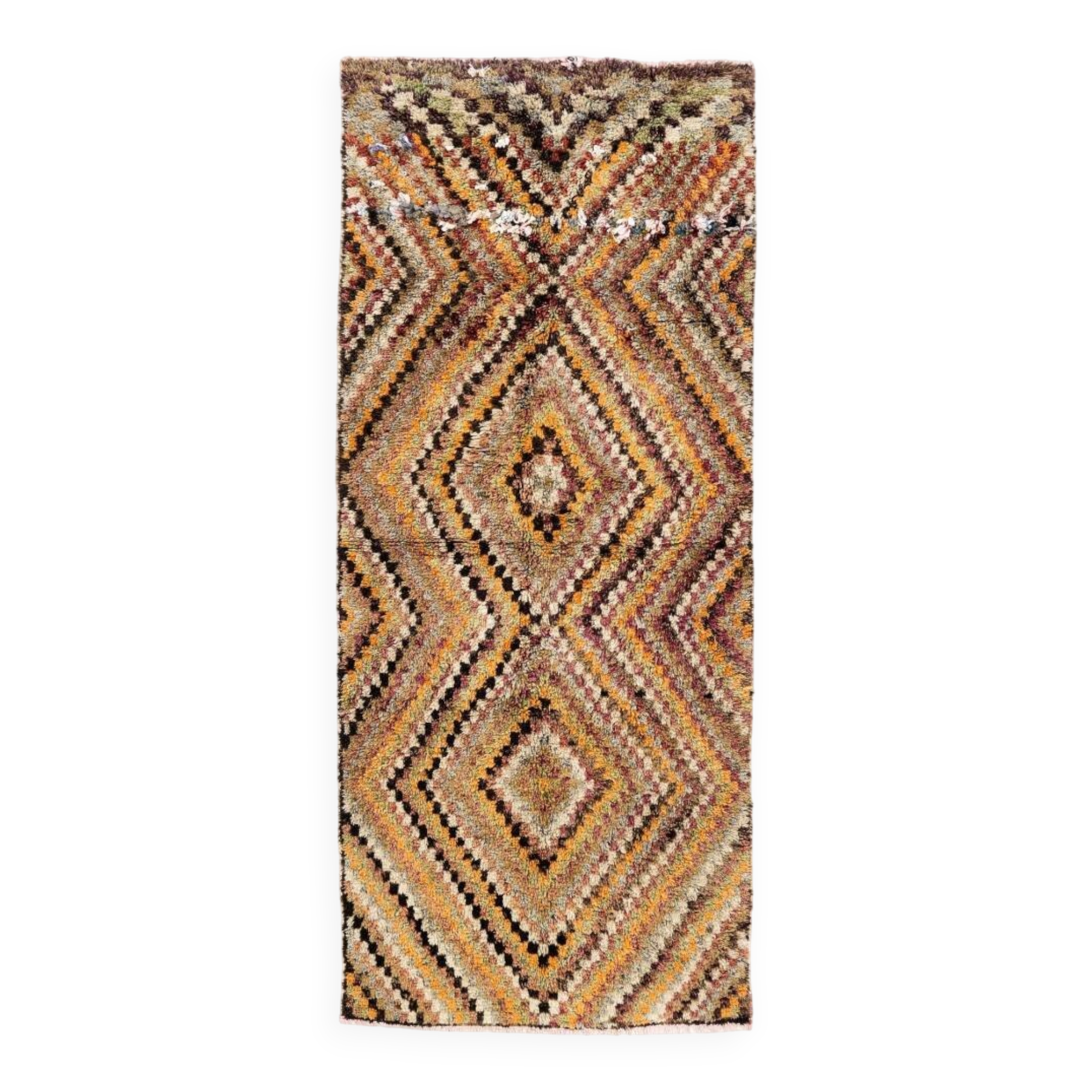 Vintage Hand-Knotted Turkish Tulu Runner Rug with Geometric Diamond Design in Earthy Colors, 100% Wool