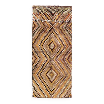 Vintage Hand-Knotted Turkish Tulu Runner Rug with Geometric Diamond Design in Earthy Colors, 100% Wool