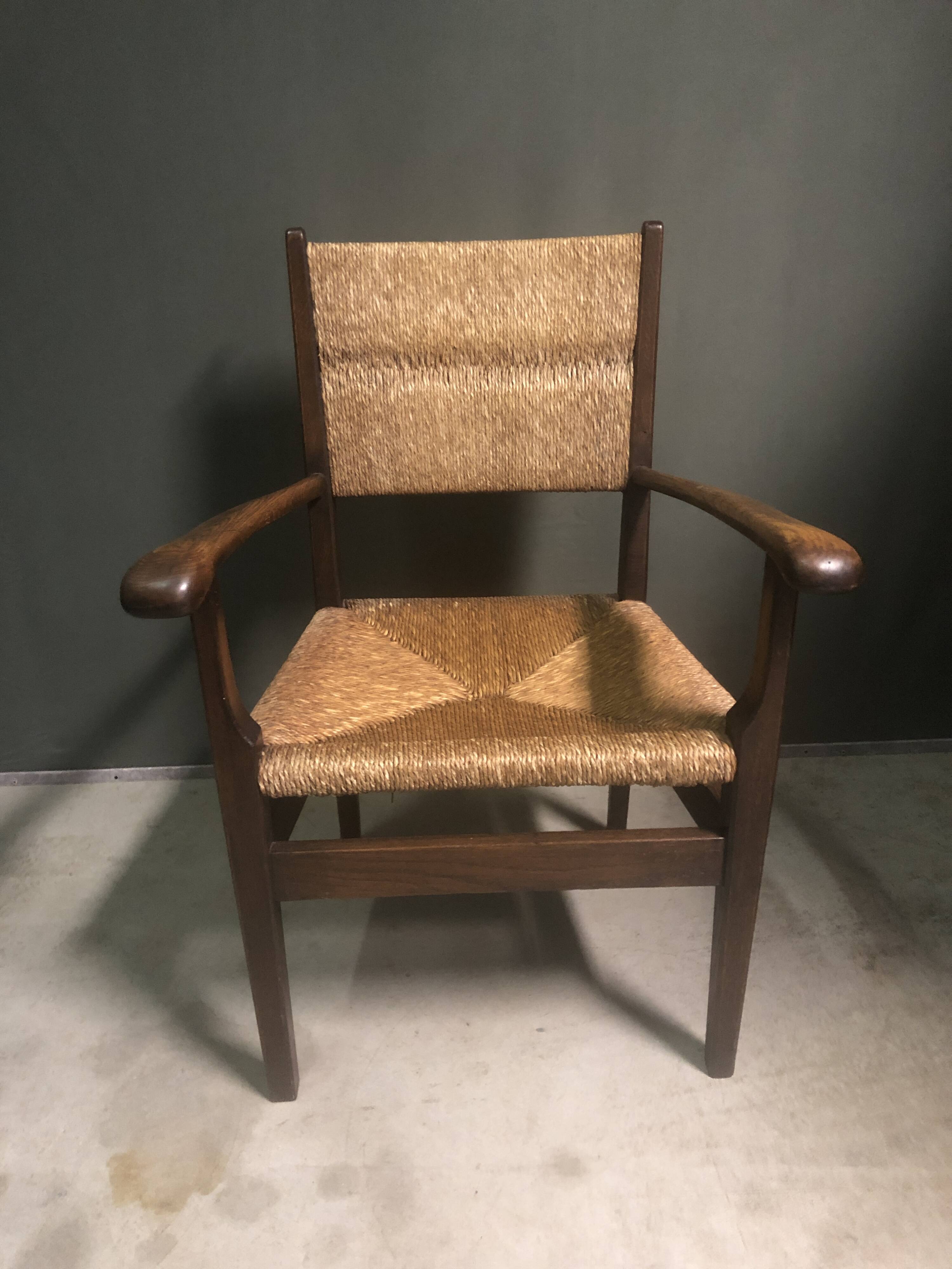 1930's Dutch oak and rush armchair.