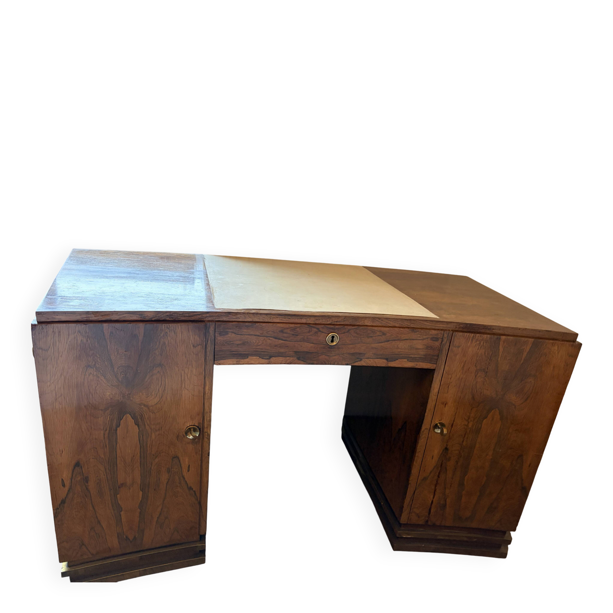 Art Deco desk in a boomerang shape with English-style drawers.