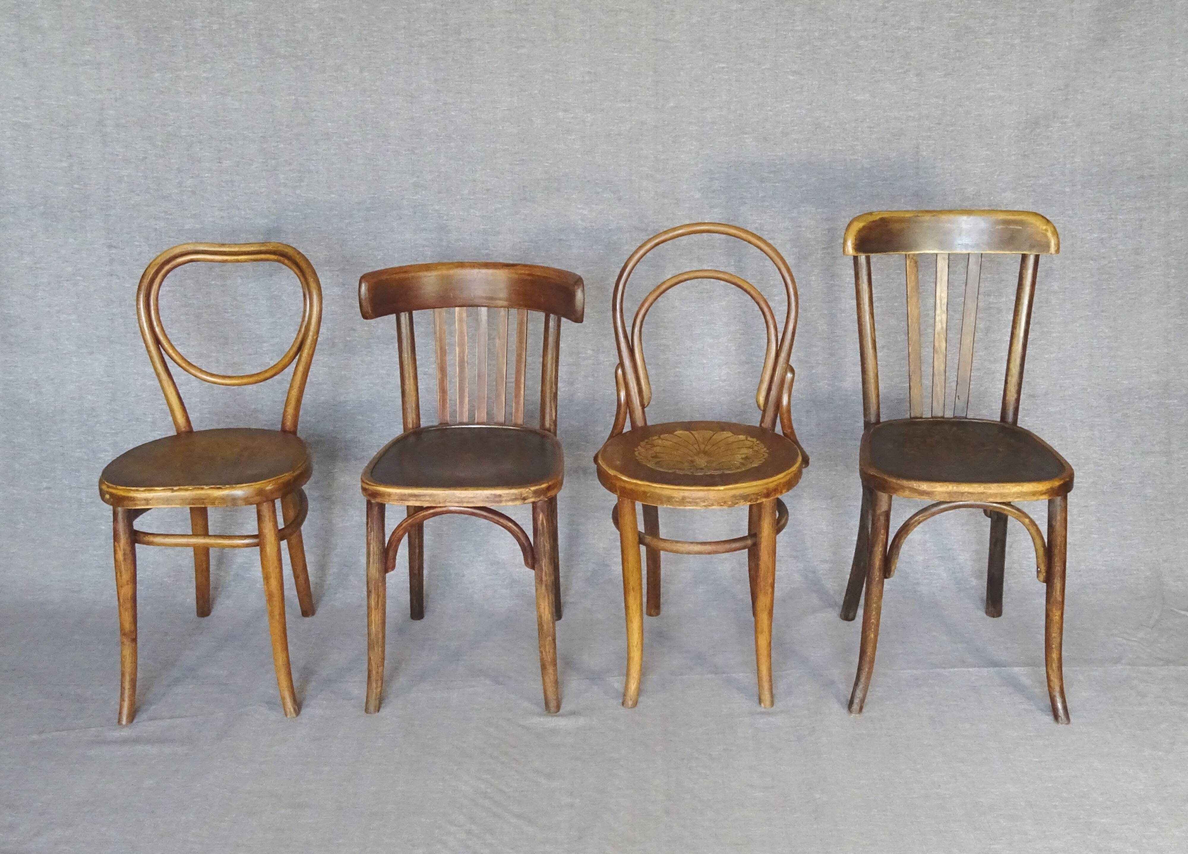 Set of 4 mismatched bistro chairs, from 1910 to 1935
