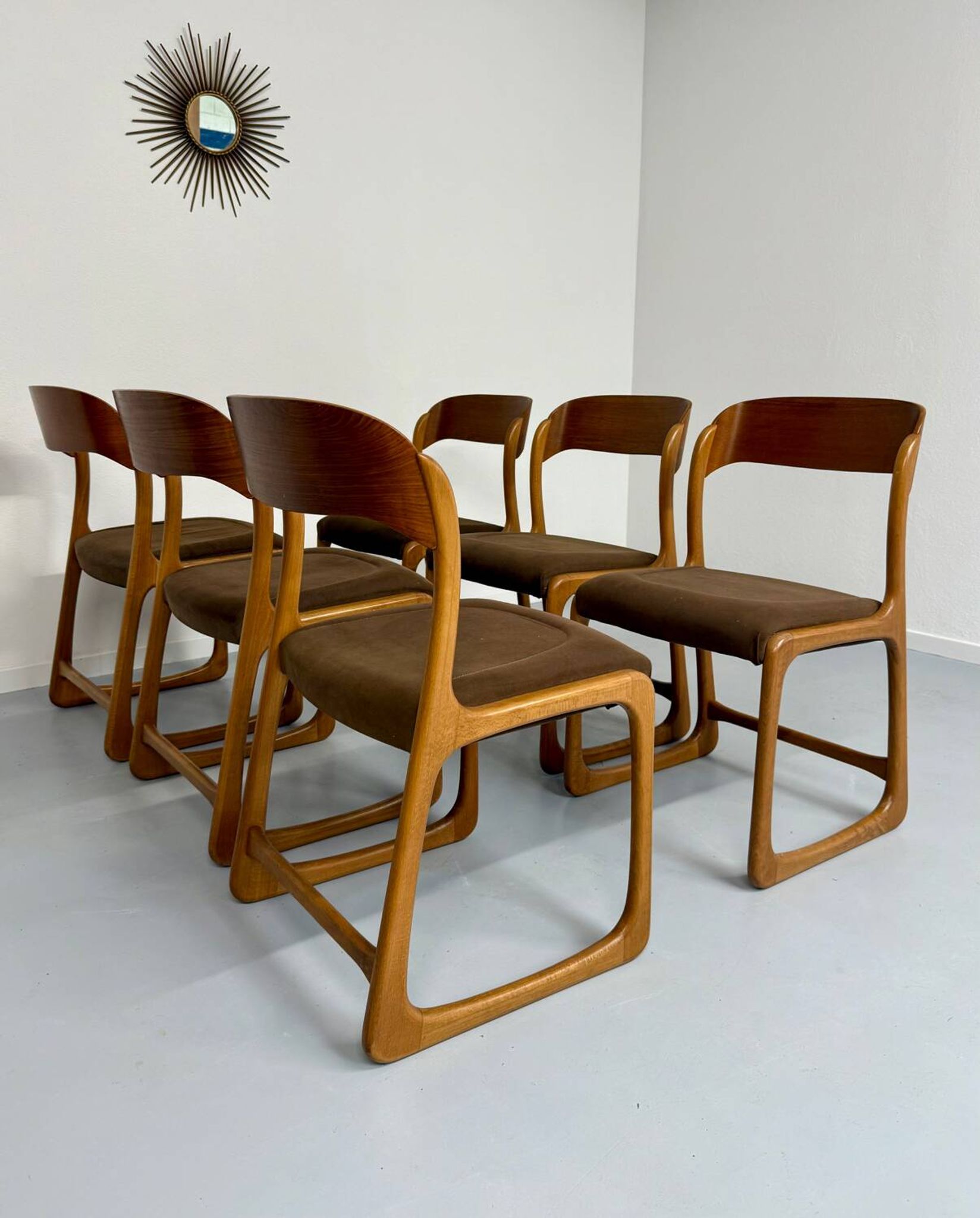 Set of 6 Baumann sleigh chairs in wood and brown fabric, original 1960s