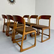 Set of 6 Baumann sleigh chairs in wood and brown fabric, original 1960s