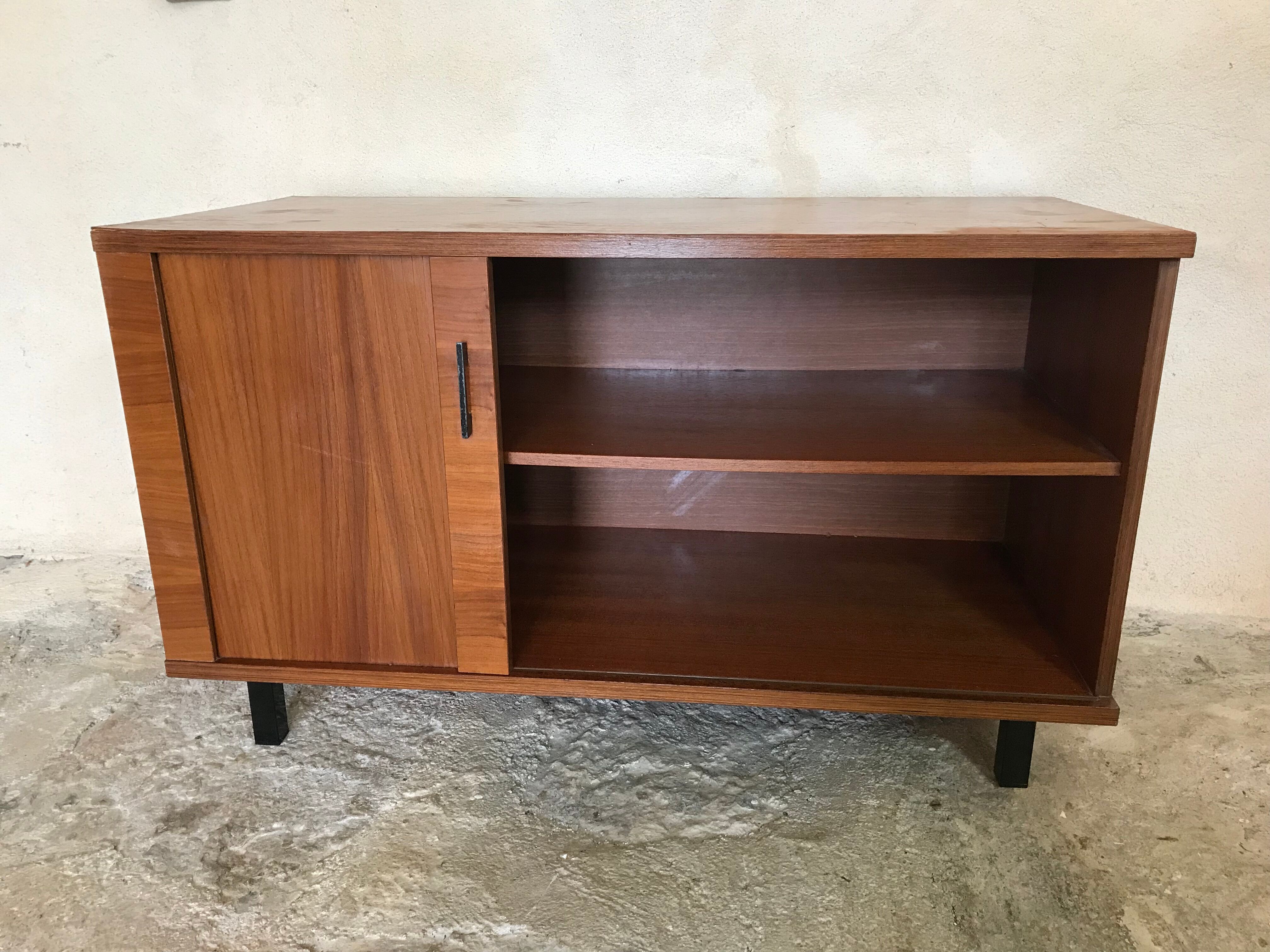 Vintage storage cabinet box on feet with sliding curtain