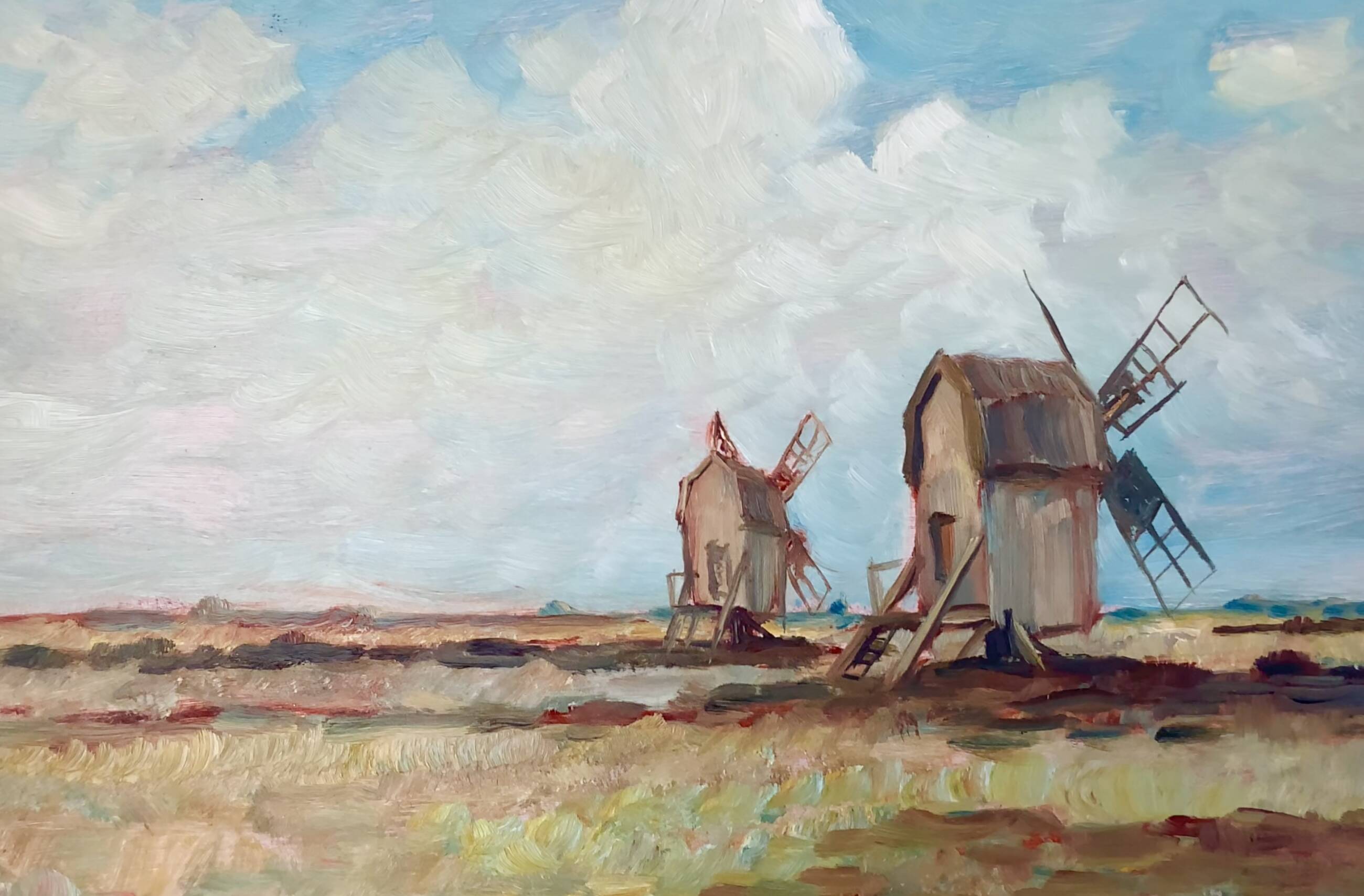 Peinture à l'huile vintage de moulin à vent, signée L.Carlson 1960