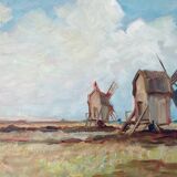 Peinture à l'huile vintage de moulin à vent, signée L.Carlson 1960